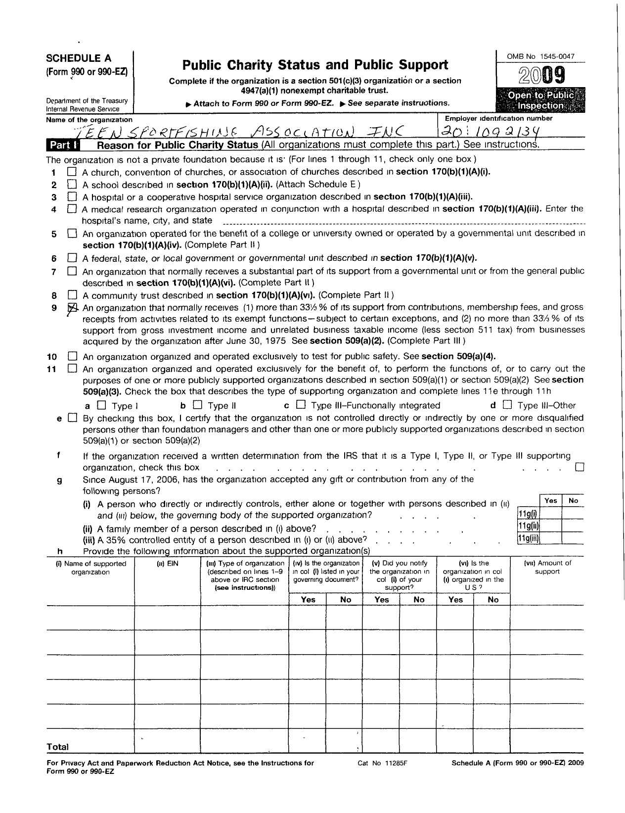 Image of first page of 2009 Form 990ER for Teen Sportfishing Association