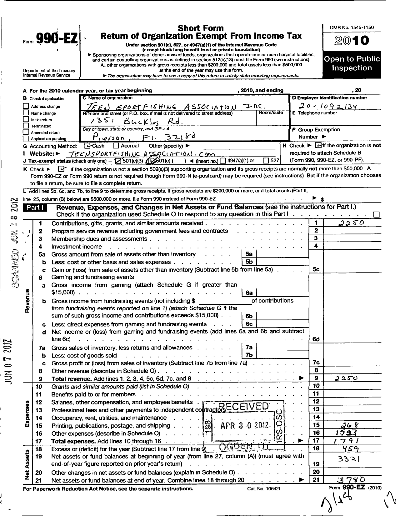 Image of first page of 2010 Form 990EZ for Teen Sportfishing Association