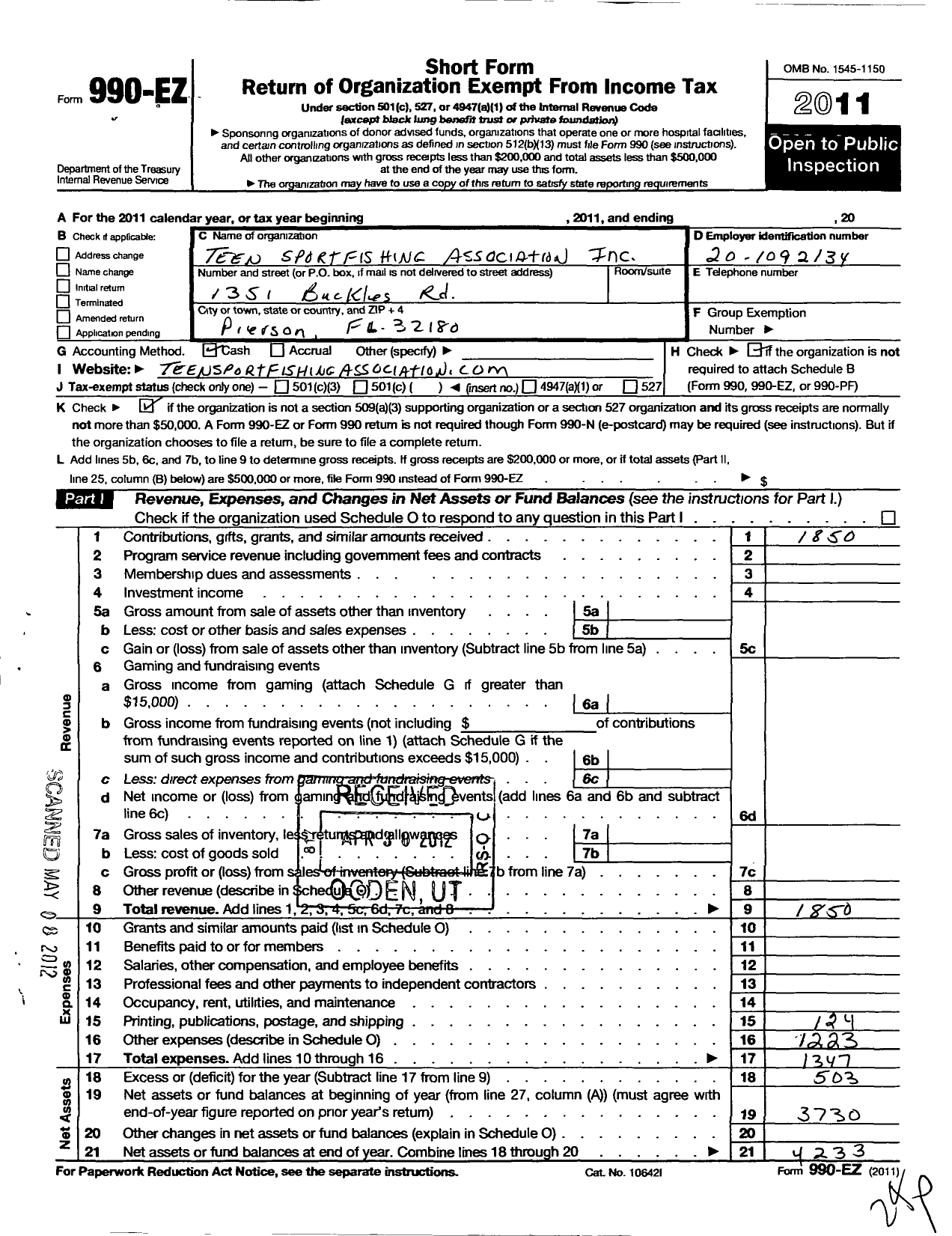 Image of first page of 2011 Form 990EO for Teen Sportfishing Association