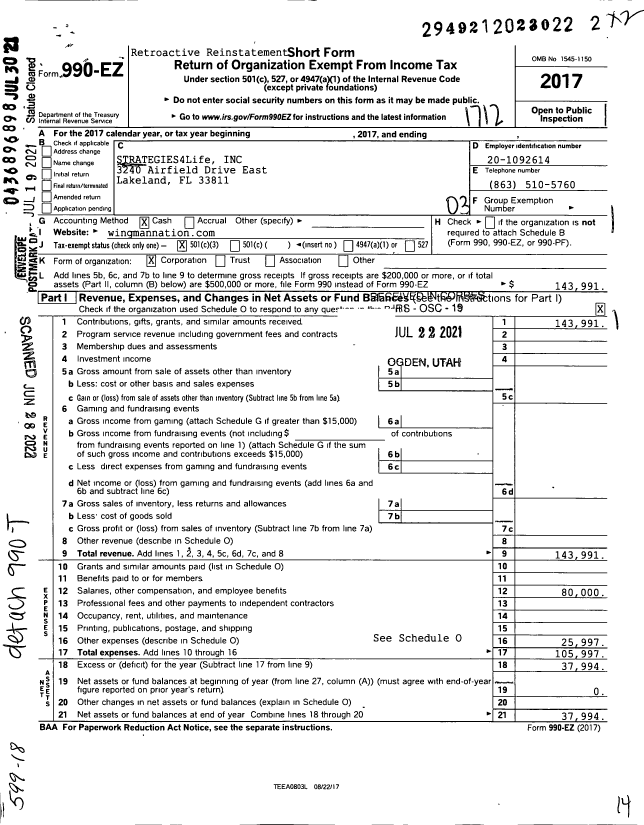 Image of first page of 2017 Form 990EZ for STRATEGIES4Life