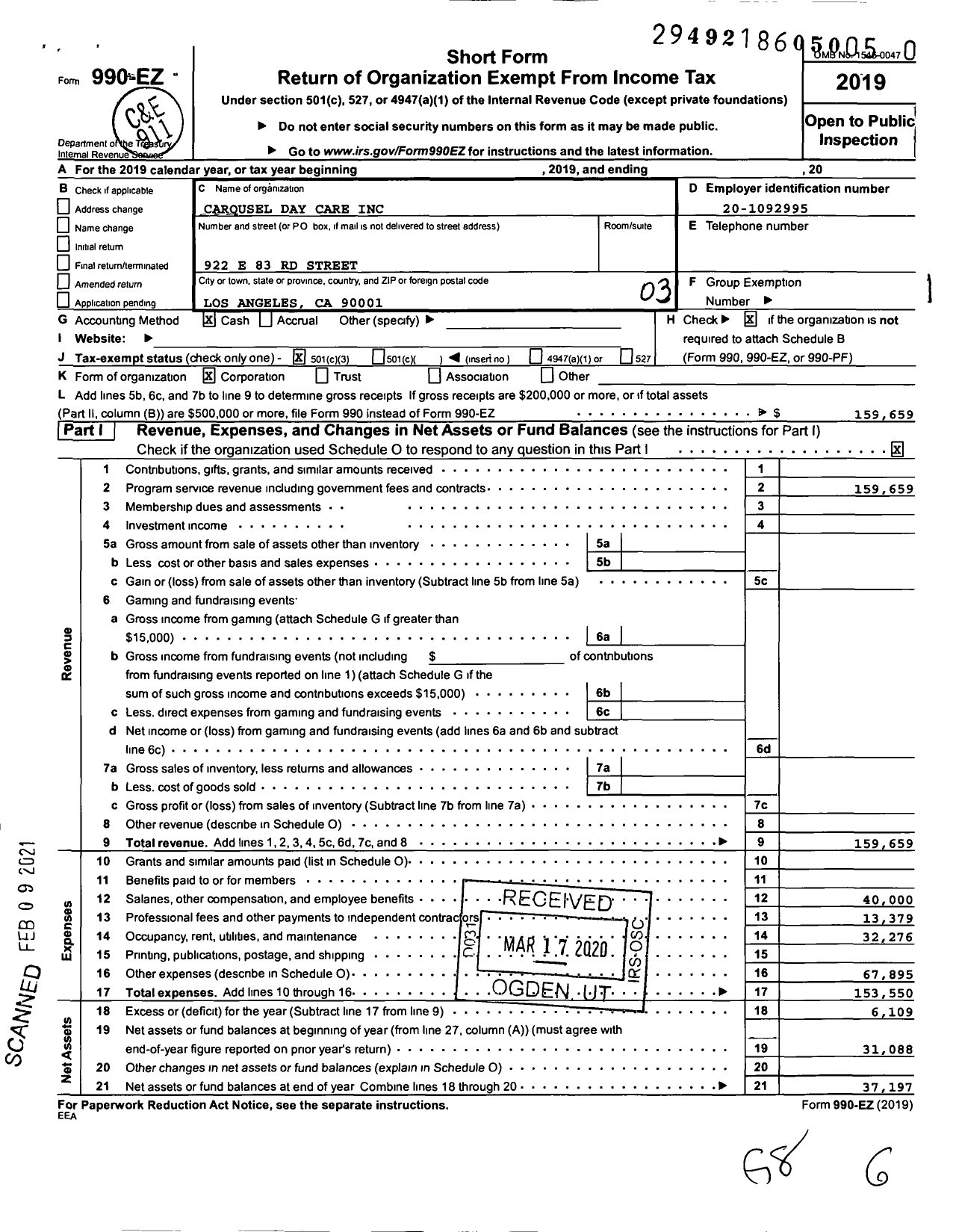 Image of first page of 2019 Form 990EZ for Carousel Day Care