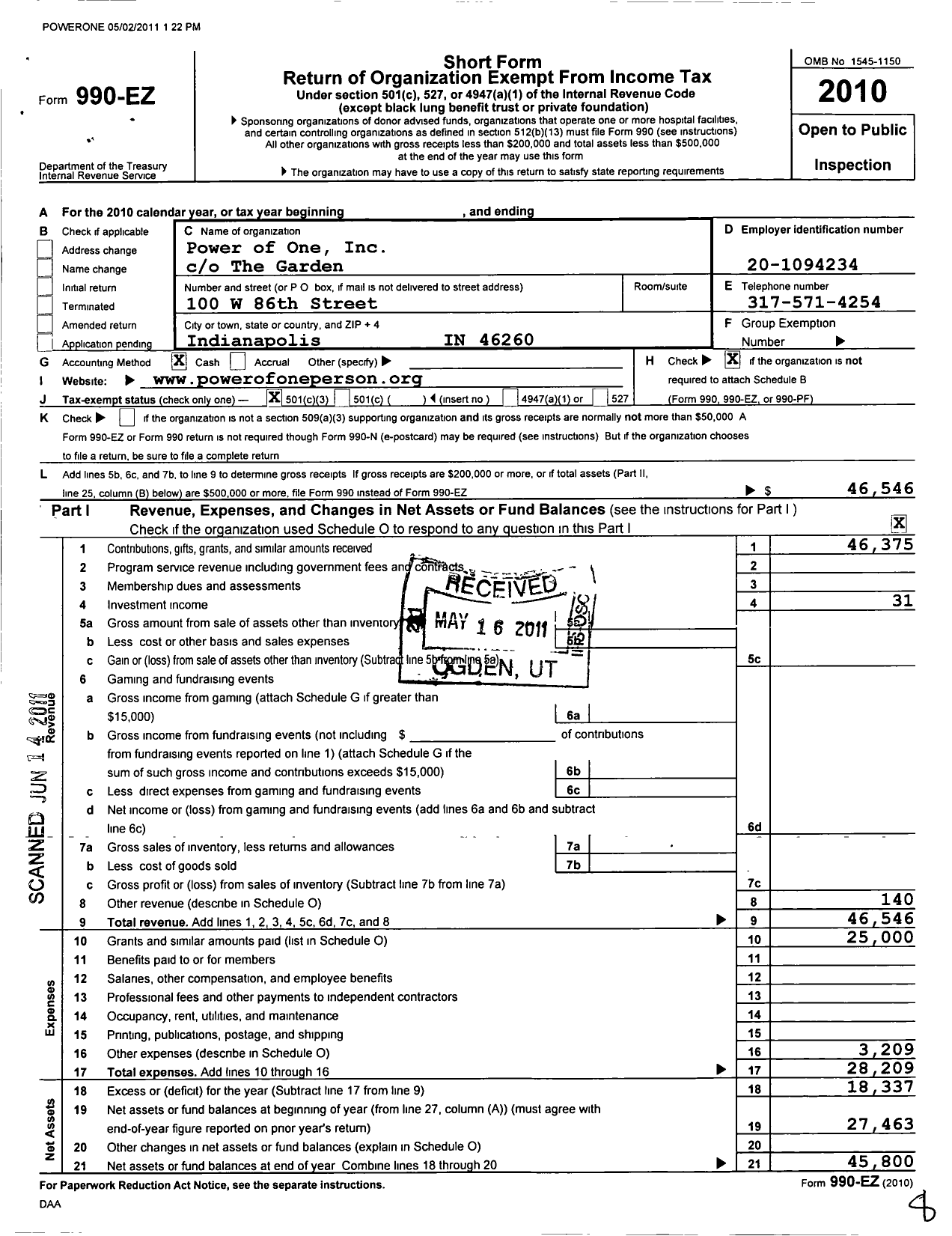 Image of first page of 2010 Form 990EZ for Power of One