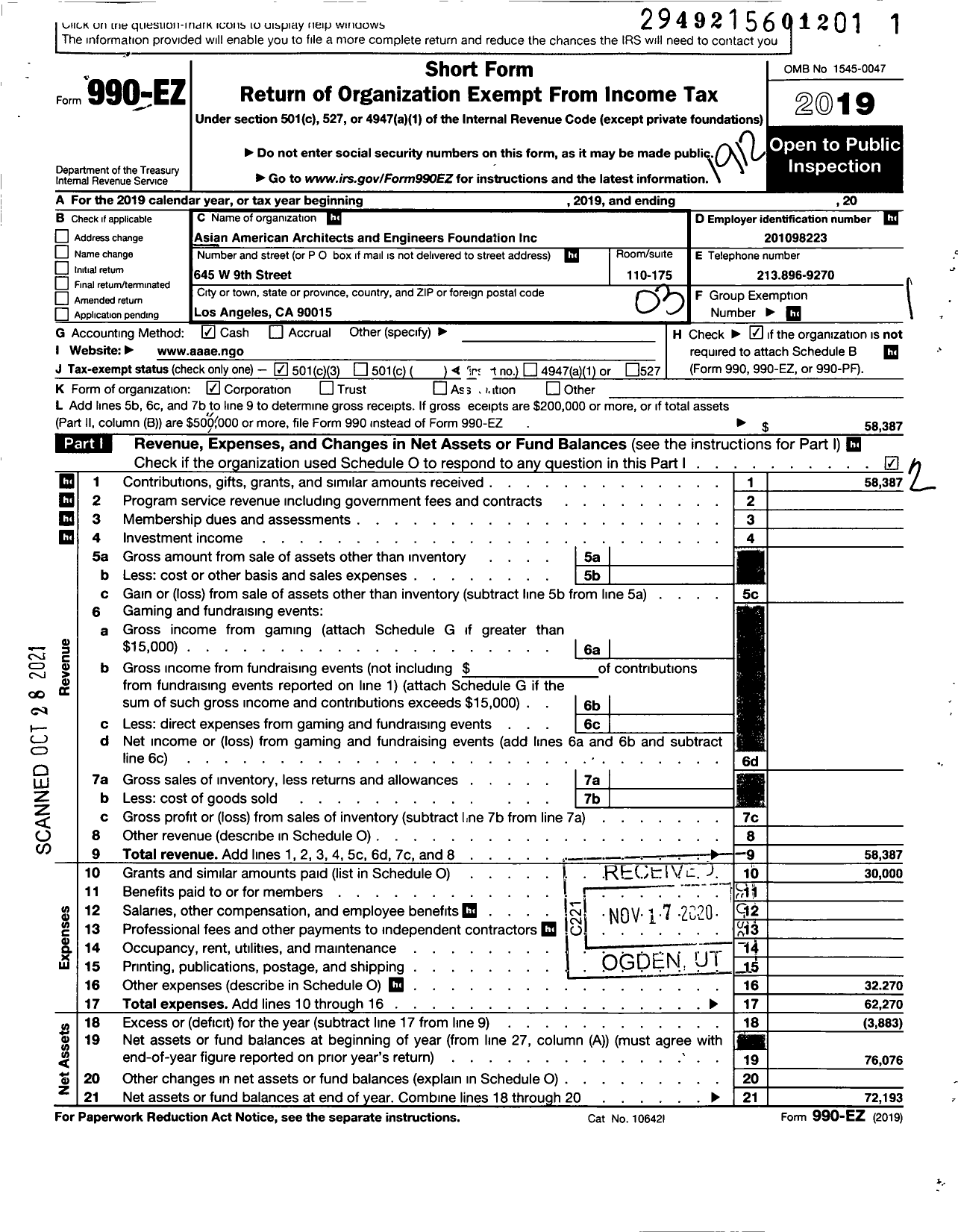 Image of first page of 2019 Form 990EZ for Asian American Architects and Engineers Foundation