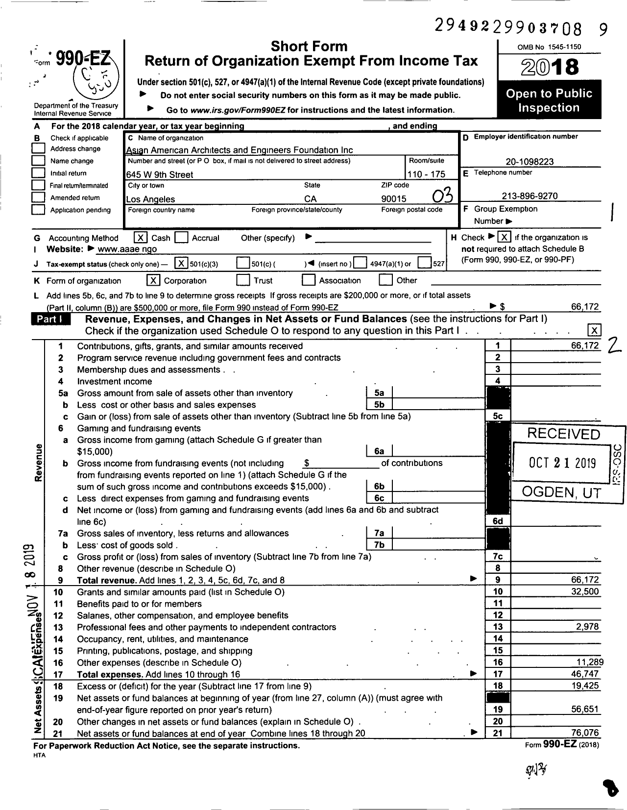 Image of first page of 2018 Form 990EZ for Asian American Architects and Engineers Foundation