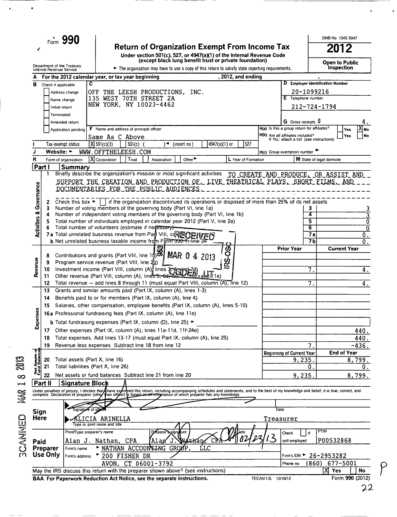 Image of first page of 2012 Form 990 for Off the Leesh Productions