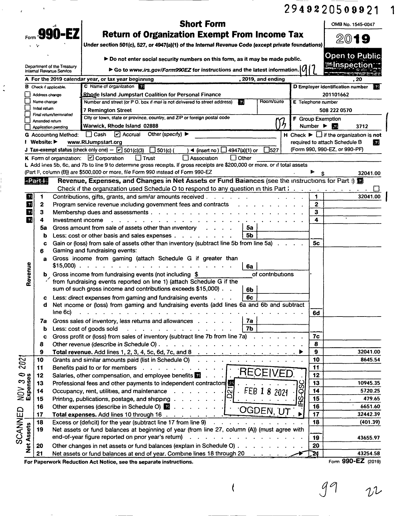 Image of first page of 2019 Form 990EZ for Rhode Island Jumpstart Coalition for Personal Finance