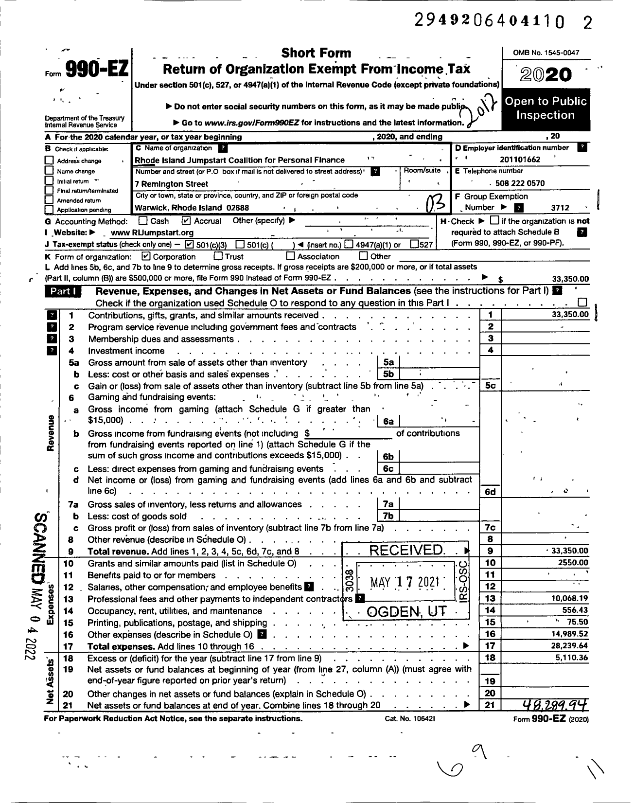 Image of first page of 2020 Form 990EZ for Rhode Island Jumpstart Coalition for Personal Finance