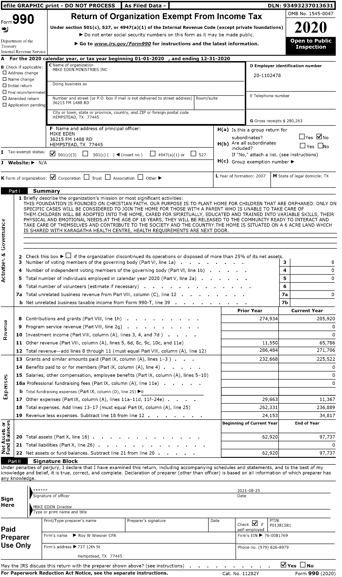 Image of first page of 2020 Form 990 for Mike Eden Ministries