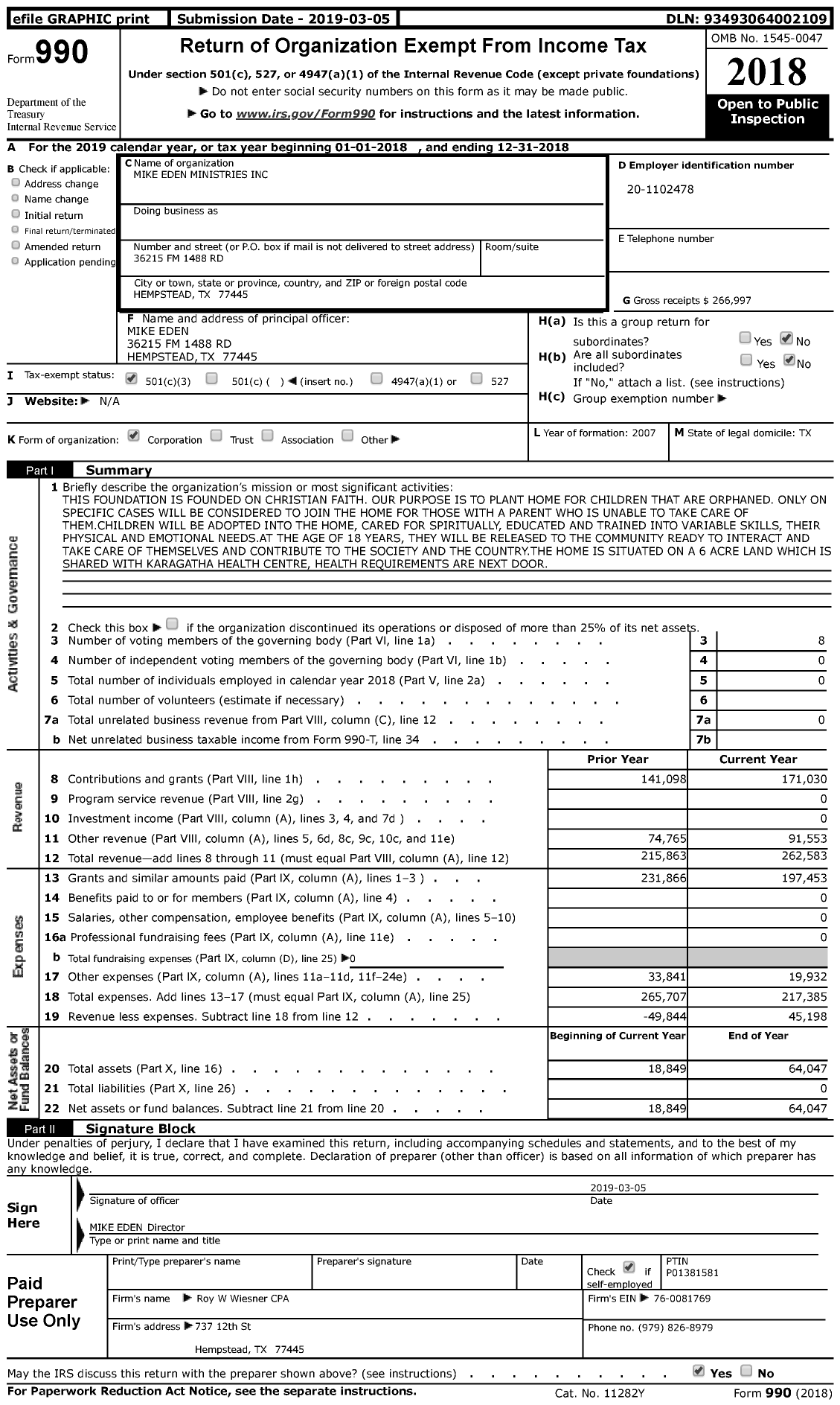 Image of first page of 2018 Form 990 for Mike Eden Ministries