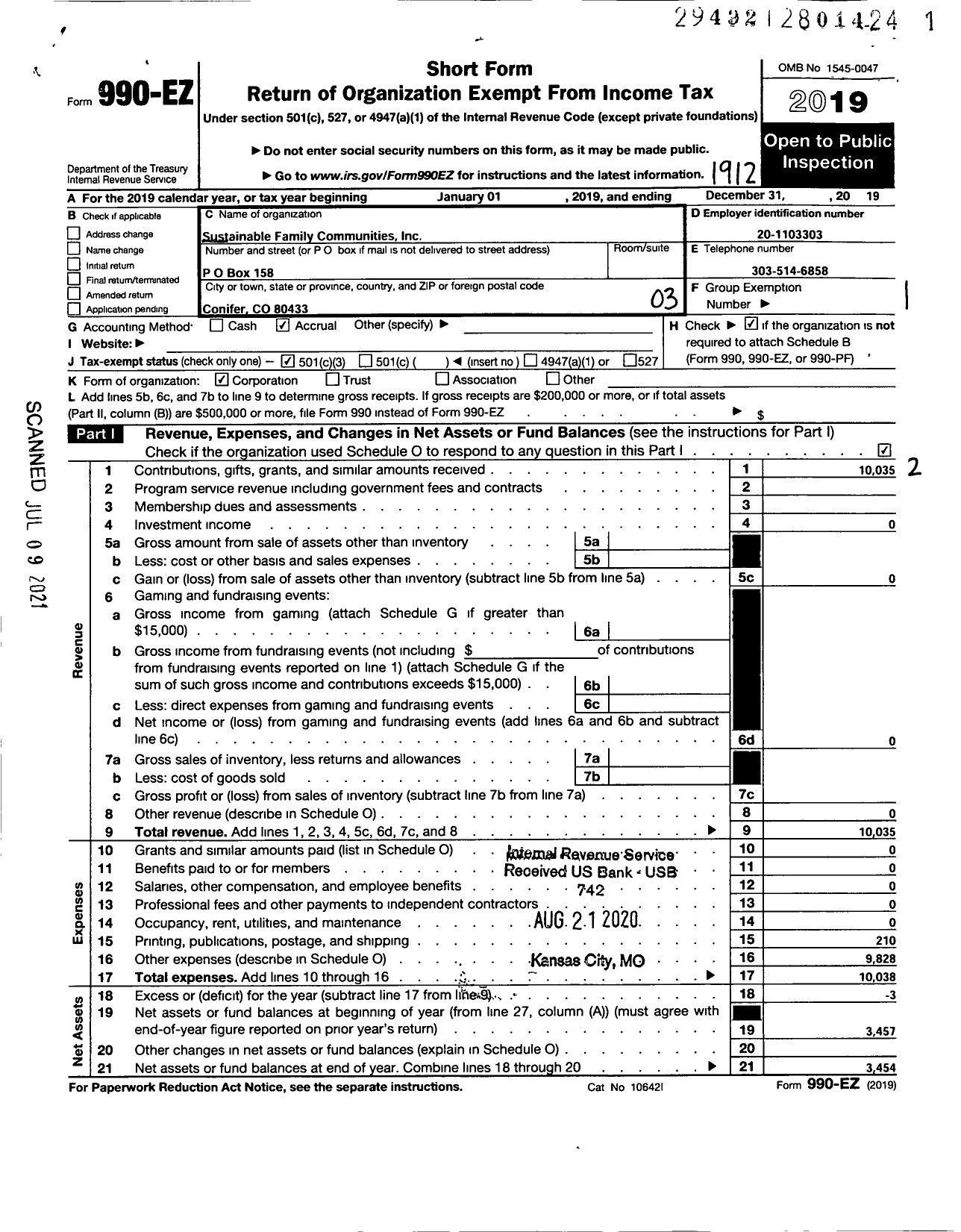 Image of first page of 2019 Form 990EZ for Sustainable Family Communities