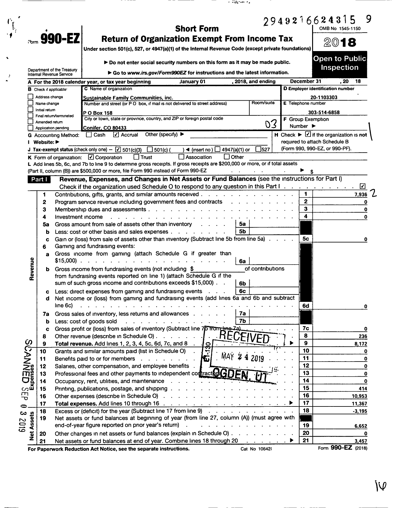 Image of first page of 2018 Form 990EZ for Sustainable Family Communities