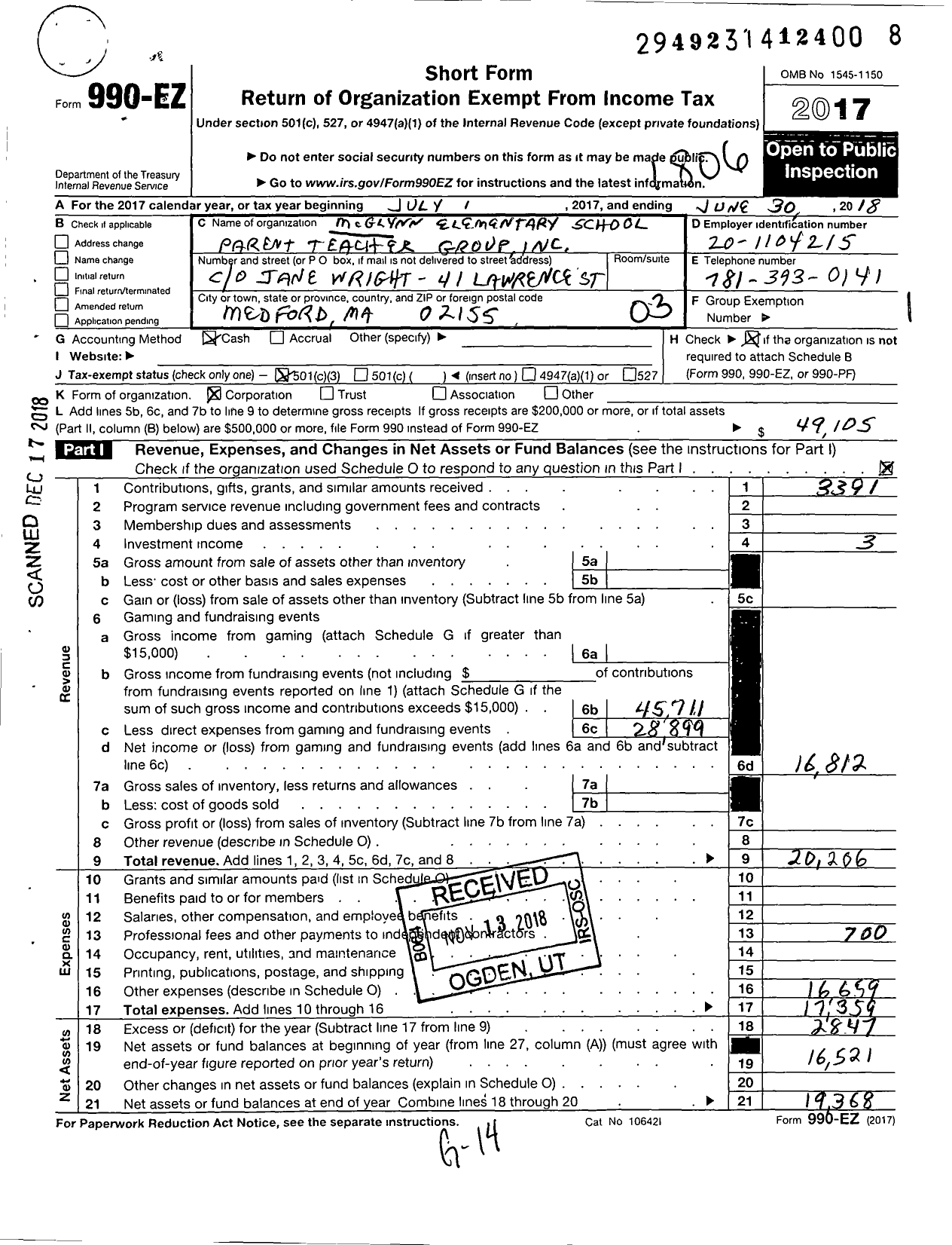 Image of first page of 2017 Form 990EZ for Mcglynn Elementary School Parent Teacher Group