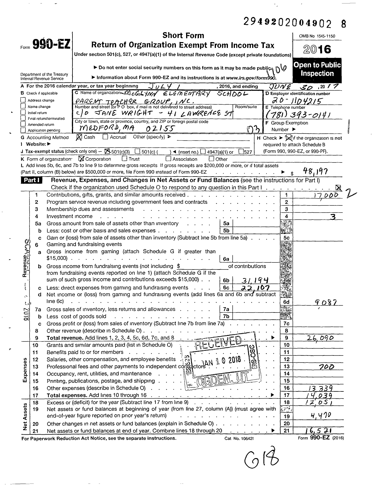 Image of first page of 2016 Form 990EZ for Mcglynn Elementary School Parent Teacher Group