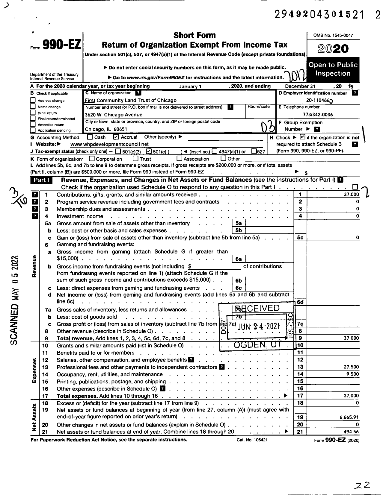 Image of first page of 2020 Form 990EZ for First Community Land Trust of Chicago