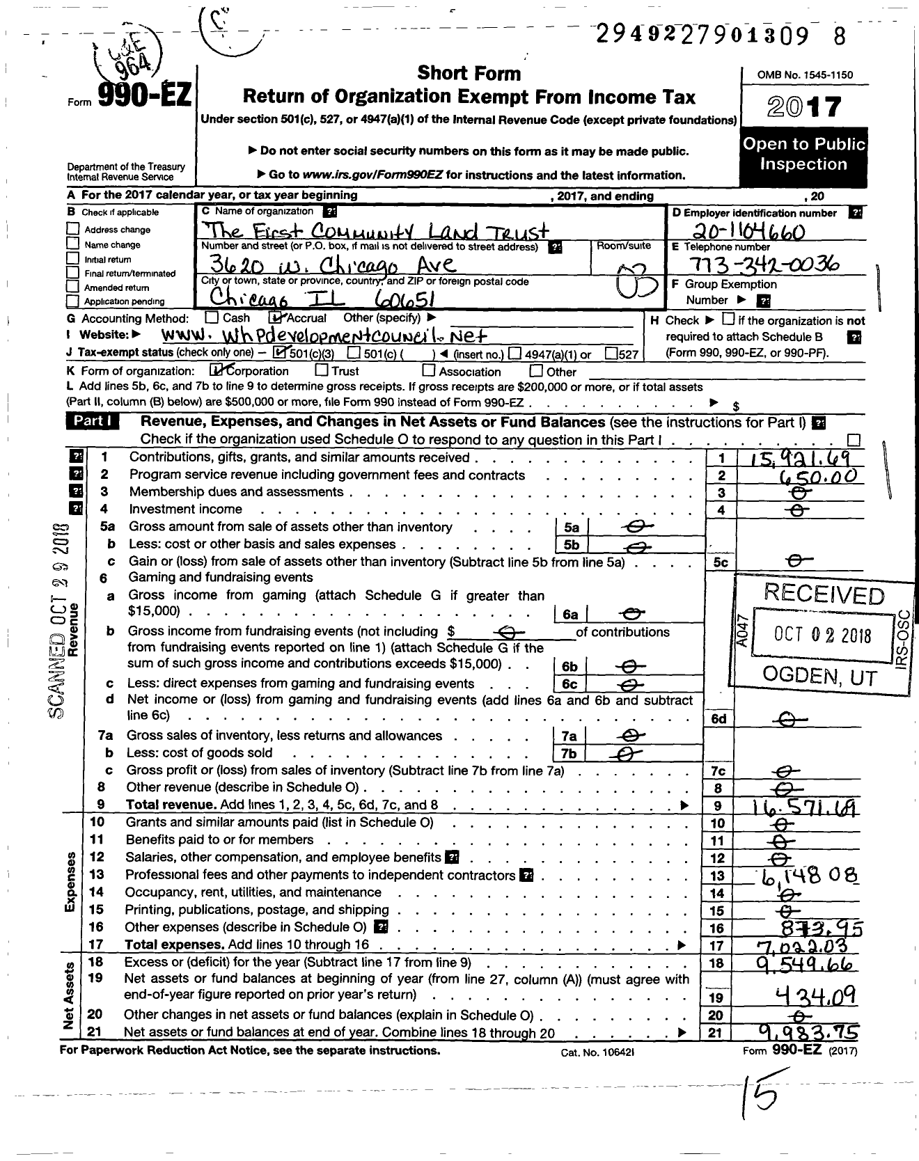 Image of first page of 2017 Form 990EZ for First Community Land Trust of Chicago