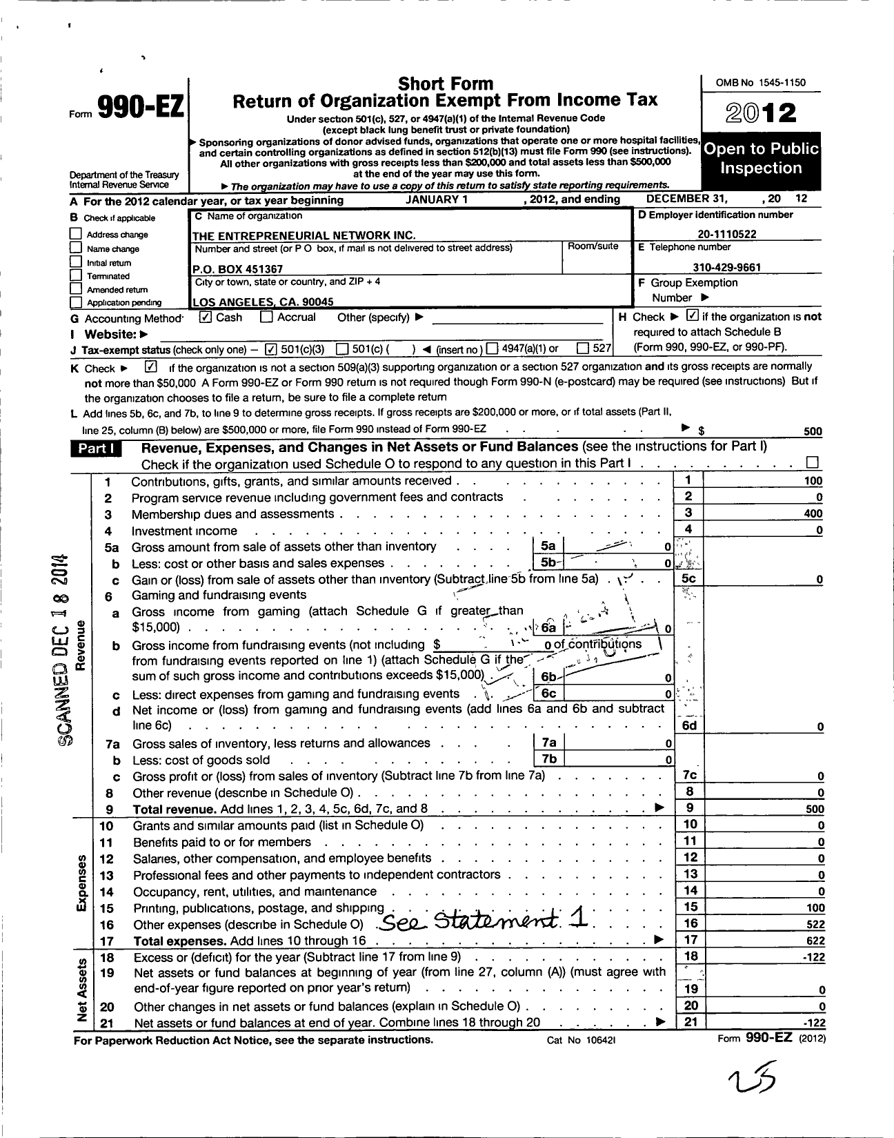 Image of first page of 2012 Form 990EZ for The Entrepreneurial Network Incorporated