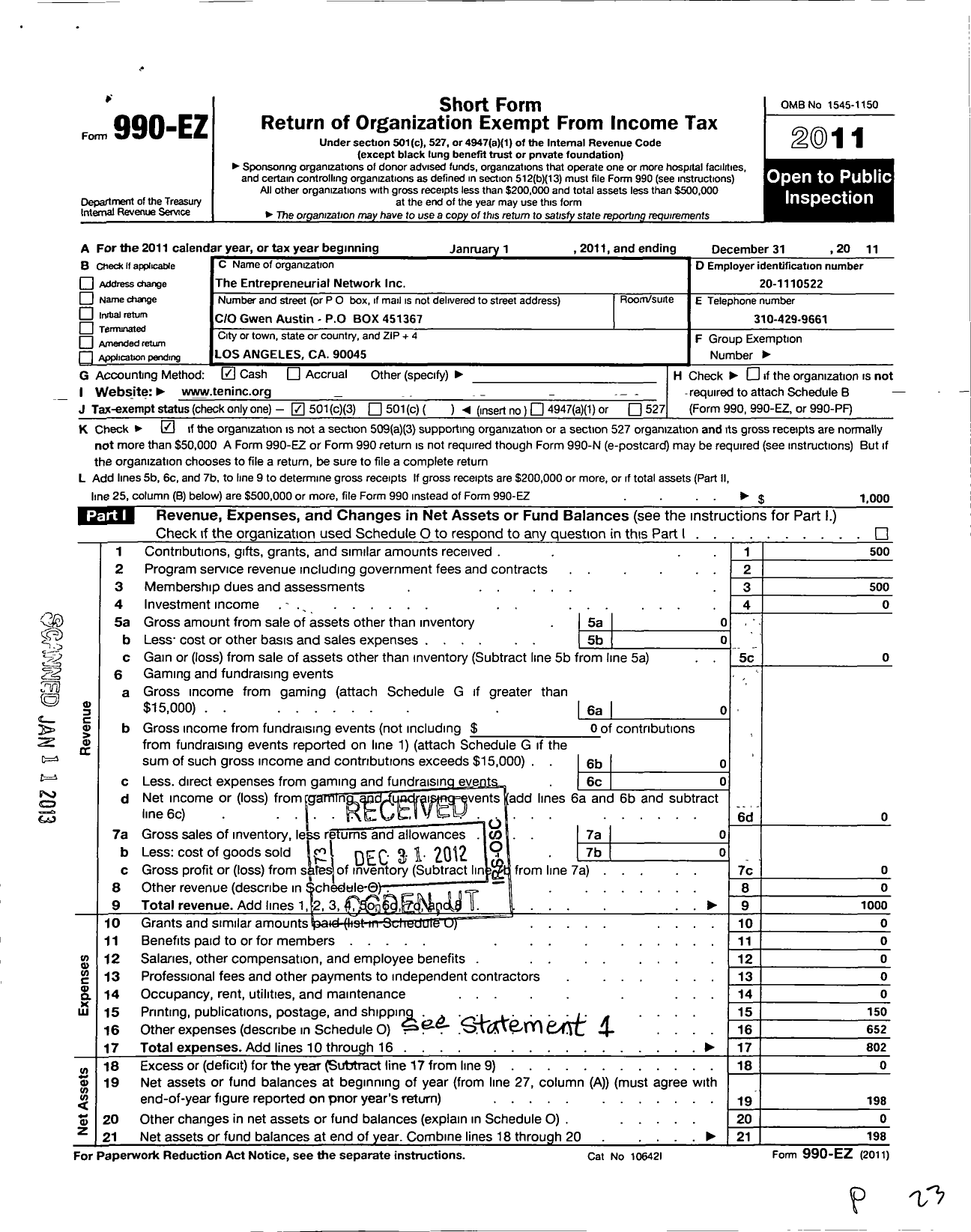 Image of first page of 2011 Form 990EZ for The Entrepreneurial Network Incorporated