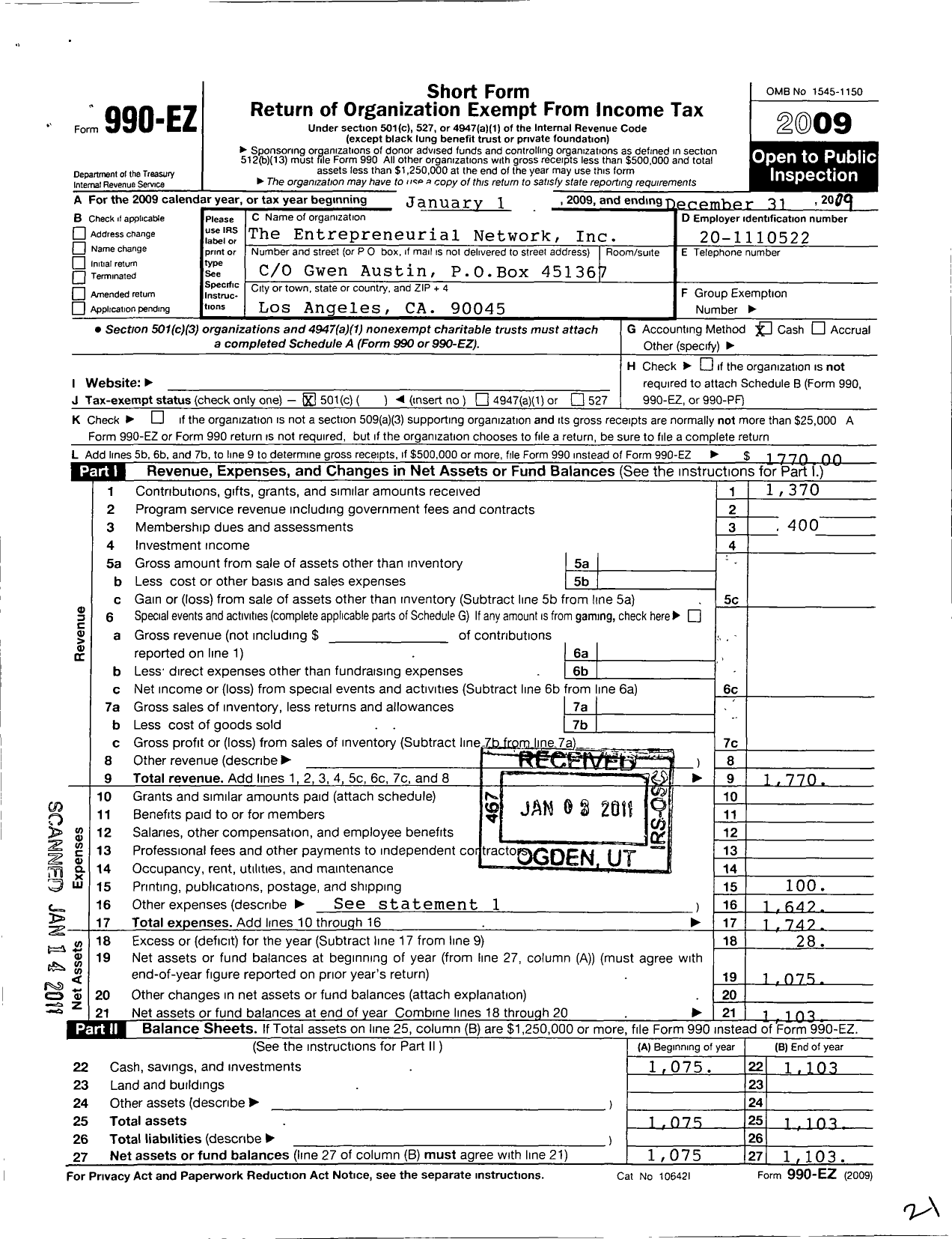 Image of first page of 2009 Form 990EO for The Entrepreneurial Network Incorporated