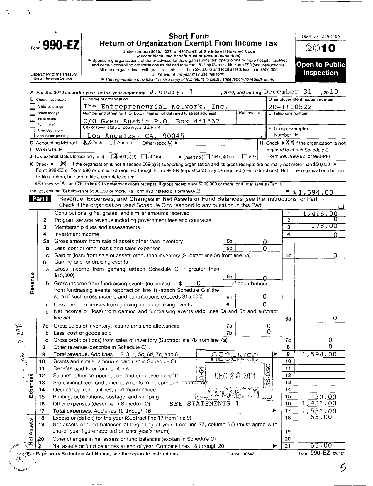 Image of first page of 2010 Form 990EZ for The Entrepreneurial Network Incorporated