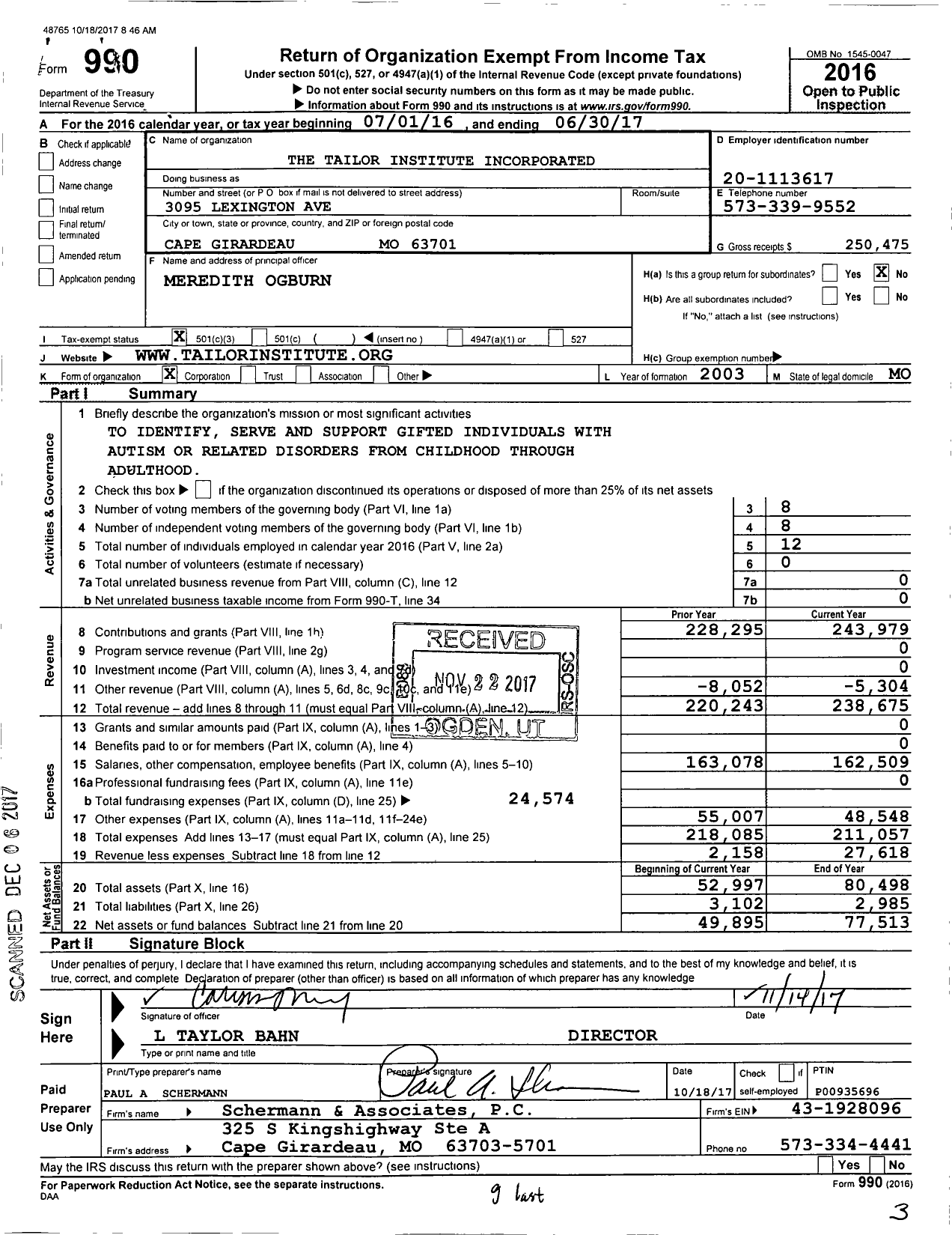 Image of first page of 2016 Form 990 for The Tailor Institute Incorporated