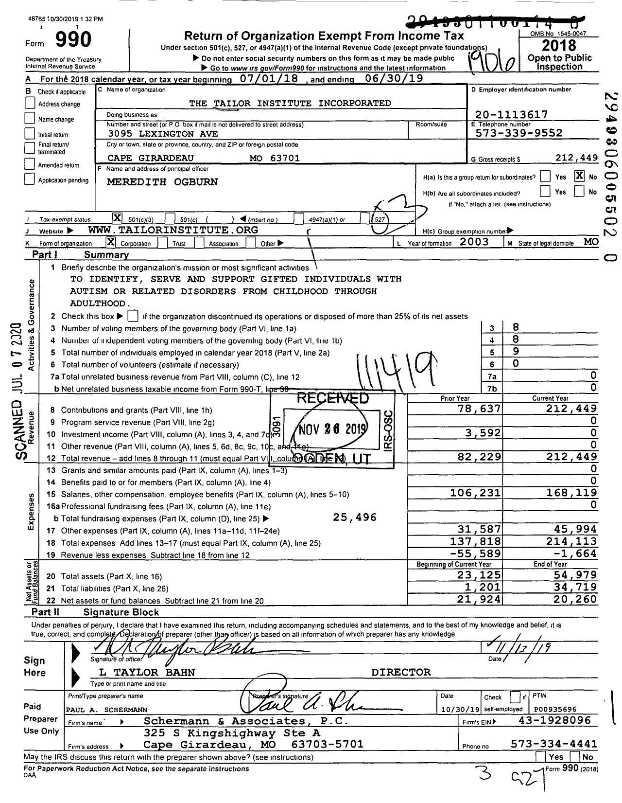 Image of first page of 2018 Form 990 for The Tailor Institute Incorporated