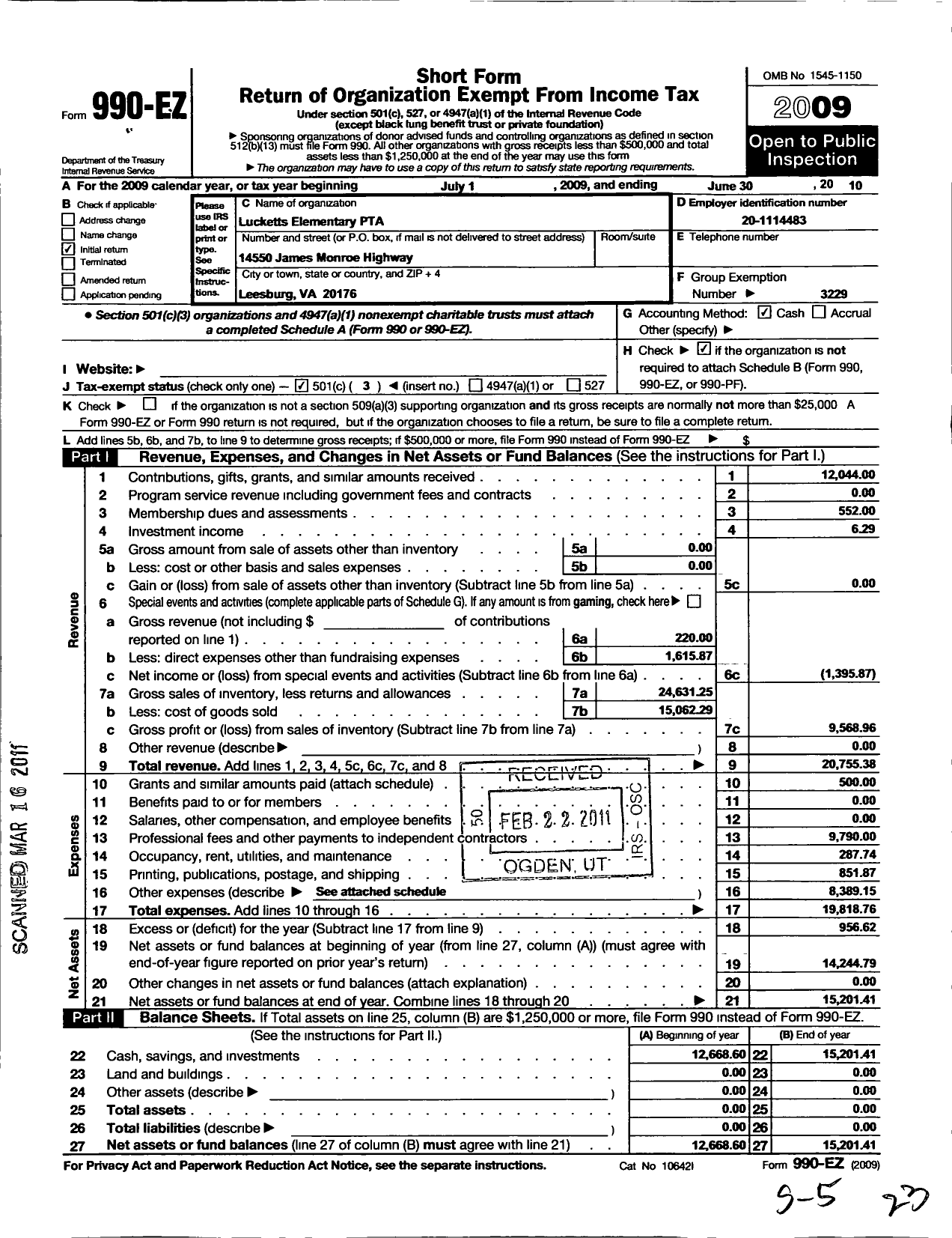 Image of first page of 2009 Form 990EZ for Virginia PTA - Lucketts Elementary School PTA