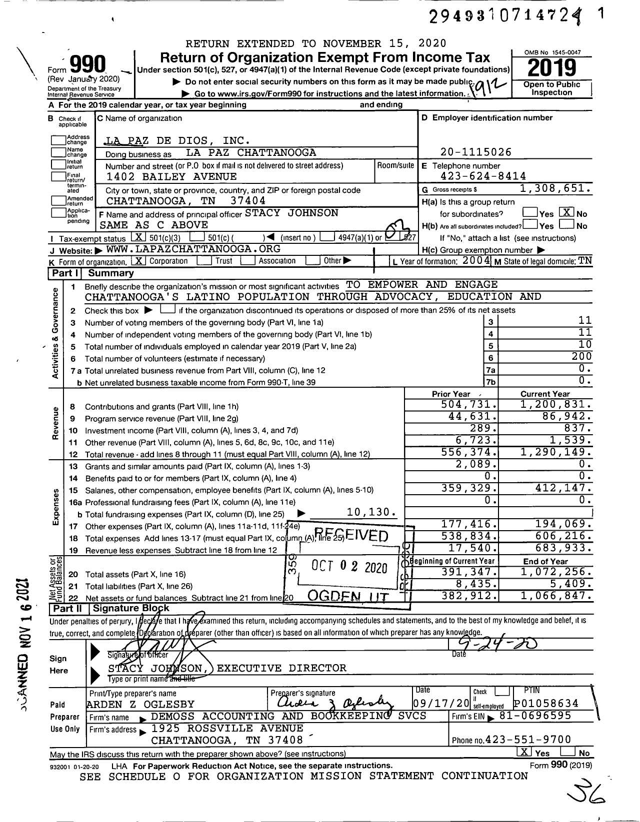 Image of first page of 2019 Form 990 for La Paz Chattanooga