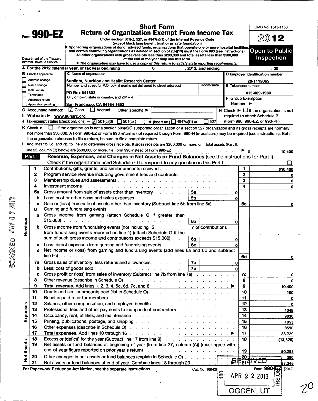 Image of first page of 2012 Form 990EZ for Sunlight Nutrition and Health Research Center