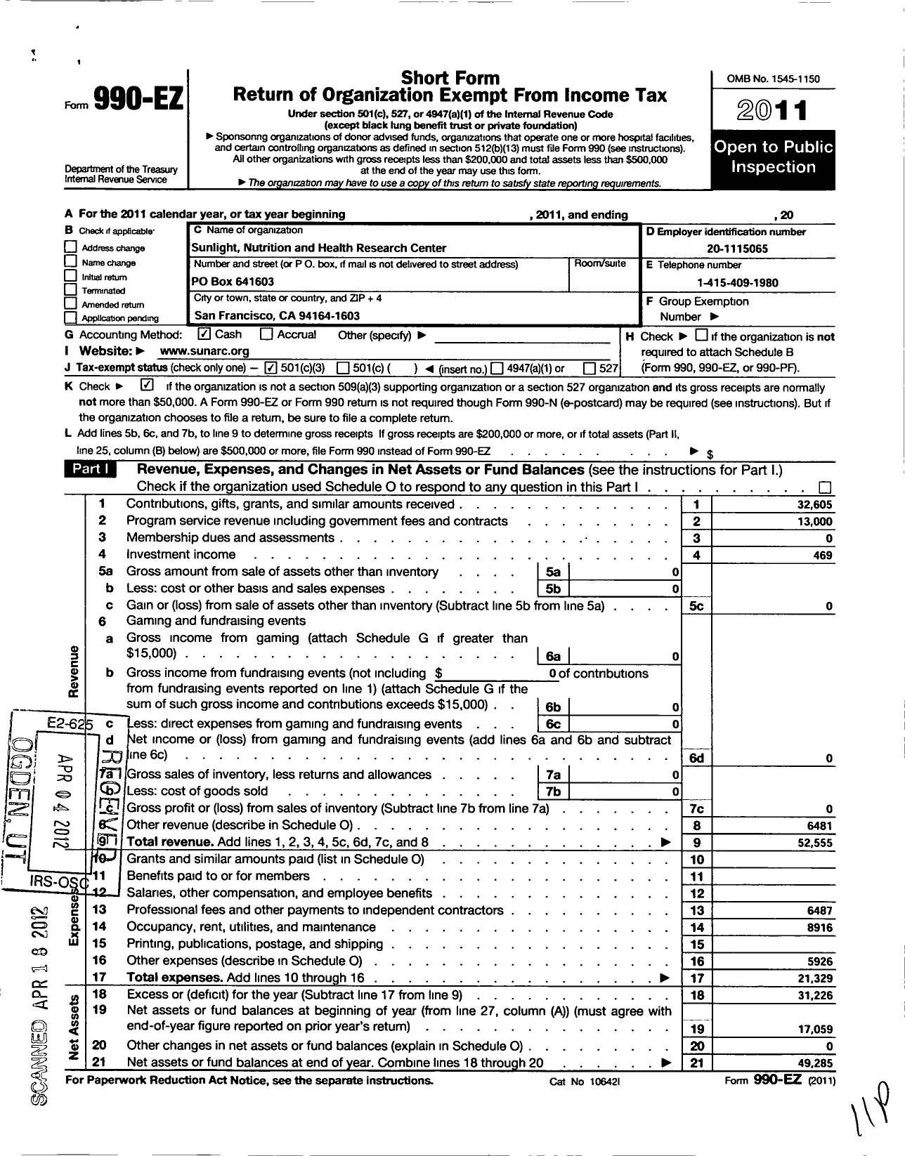 Image of first page of 2011 Form 990EZ for Sunlight Nutrition and Health Research Center