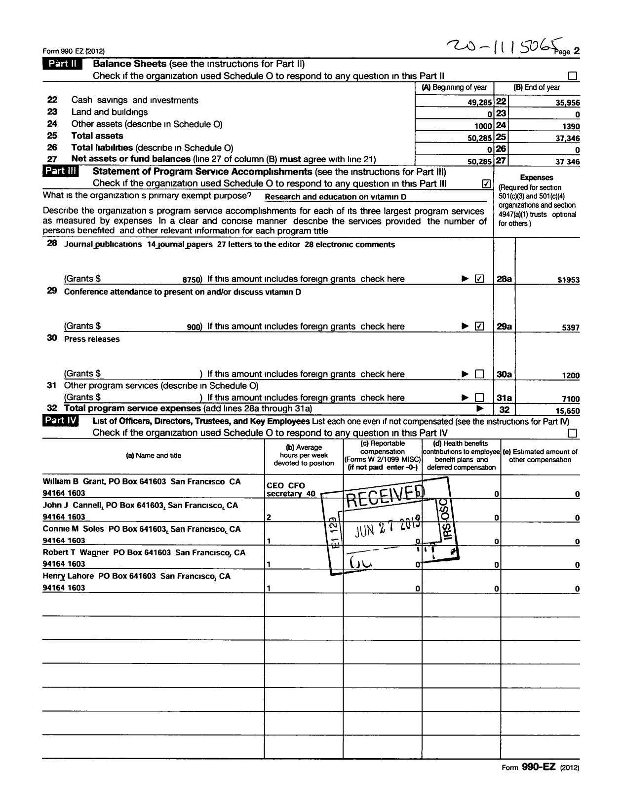 Image of first page of 2012 Form 990ER for Sunlight Nutrition and Health Research Center