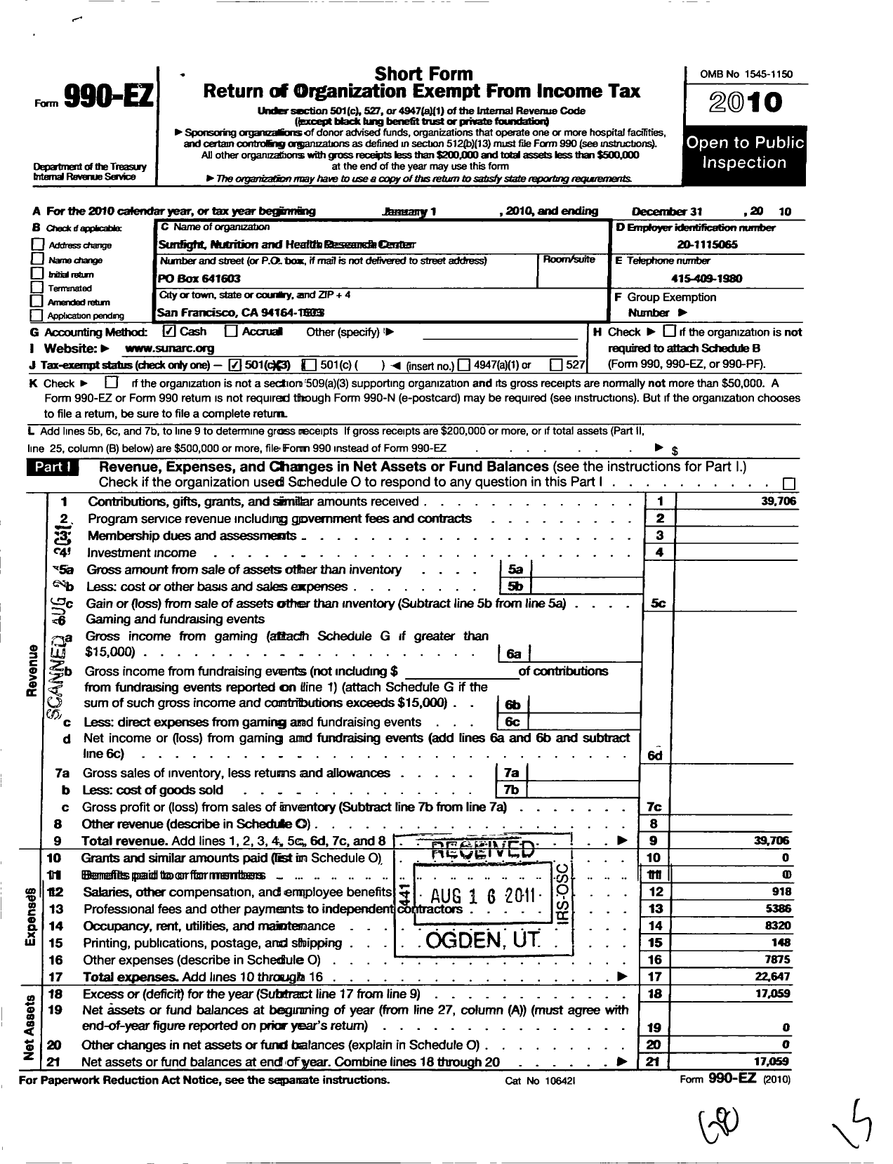 Image of first page of 2010 Form 990EZ for Sunlight Nutrition and Health Research Center