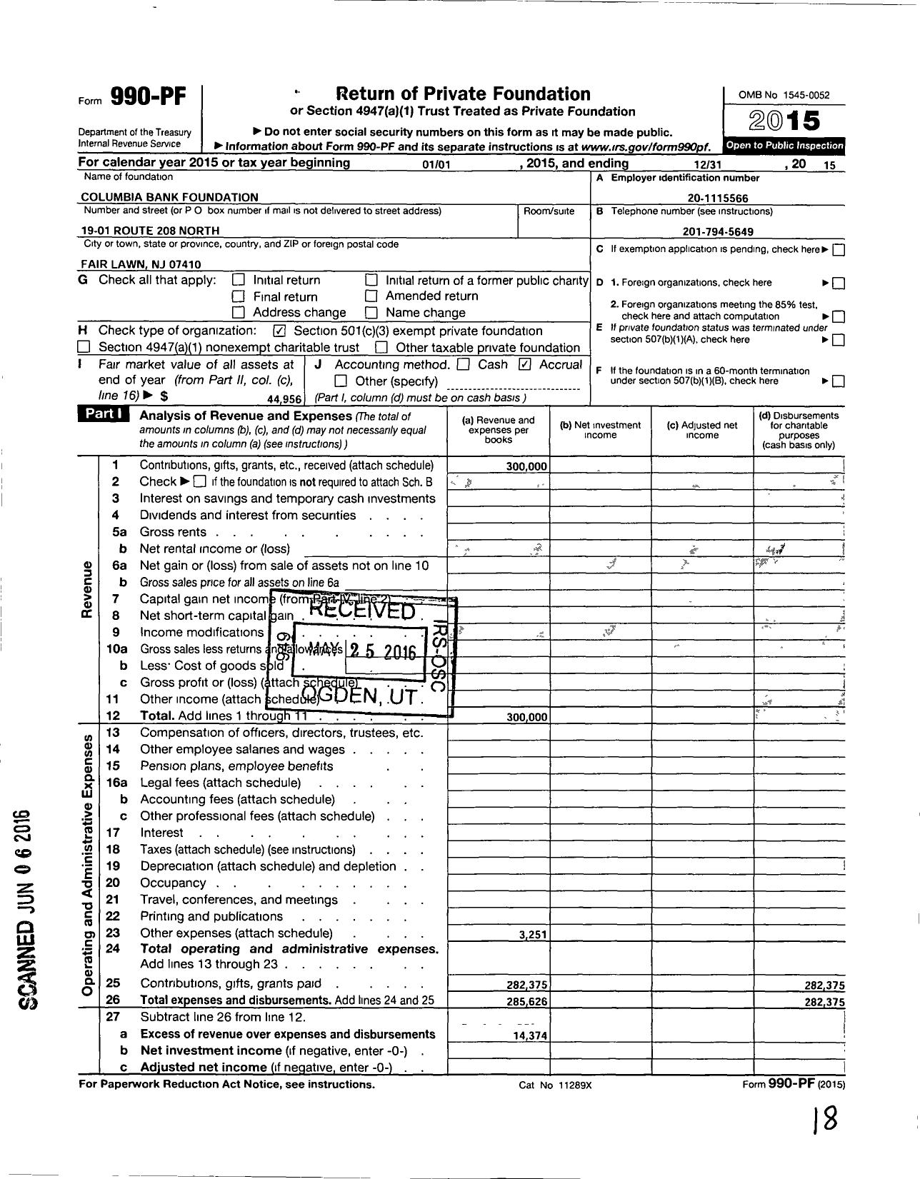 Image of first page of 2015 Form 990PF for Columbia Bank Foundation