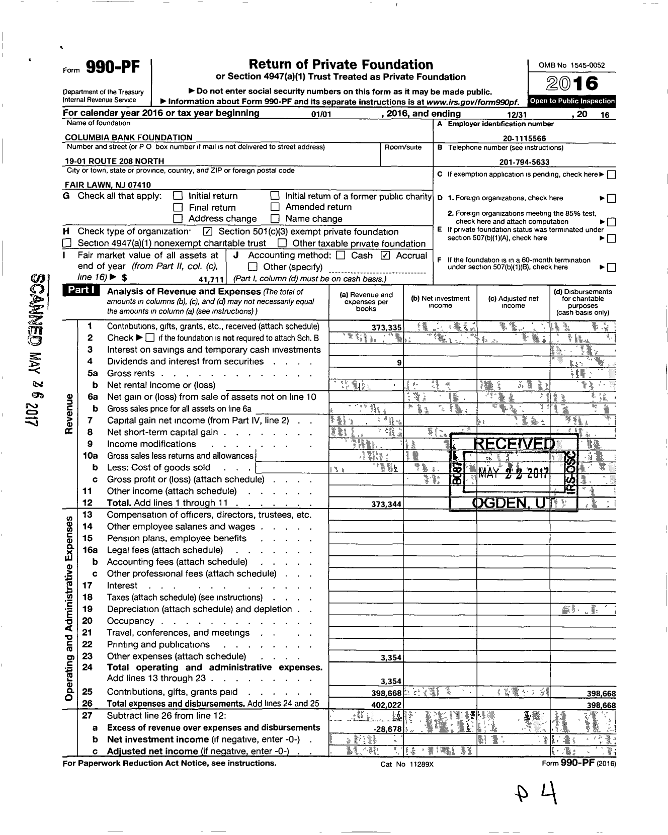 Image of first page of 2016 Form 990PF for Columbia Bank Foundation