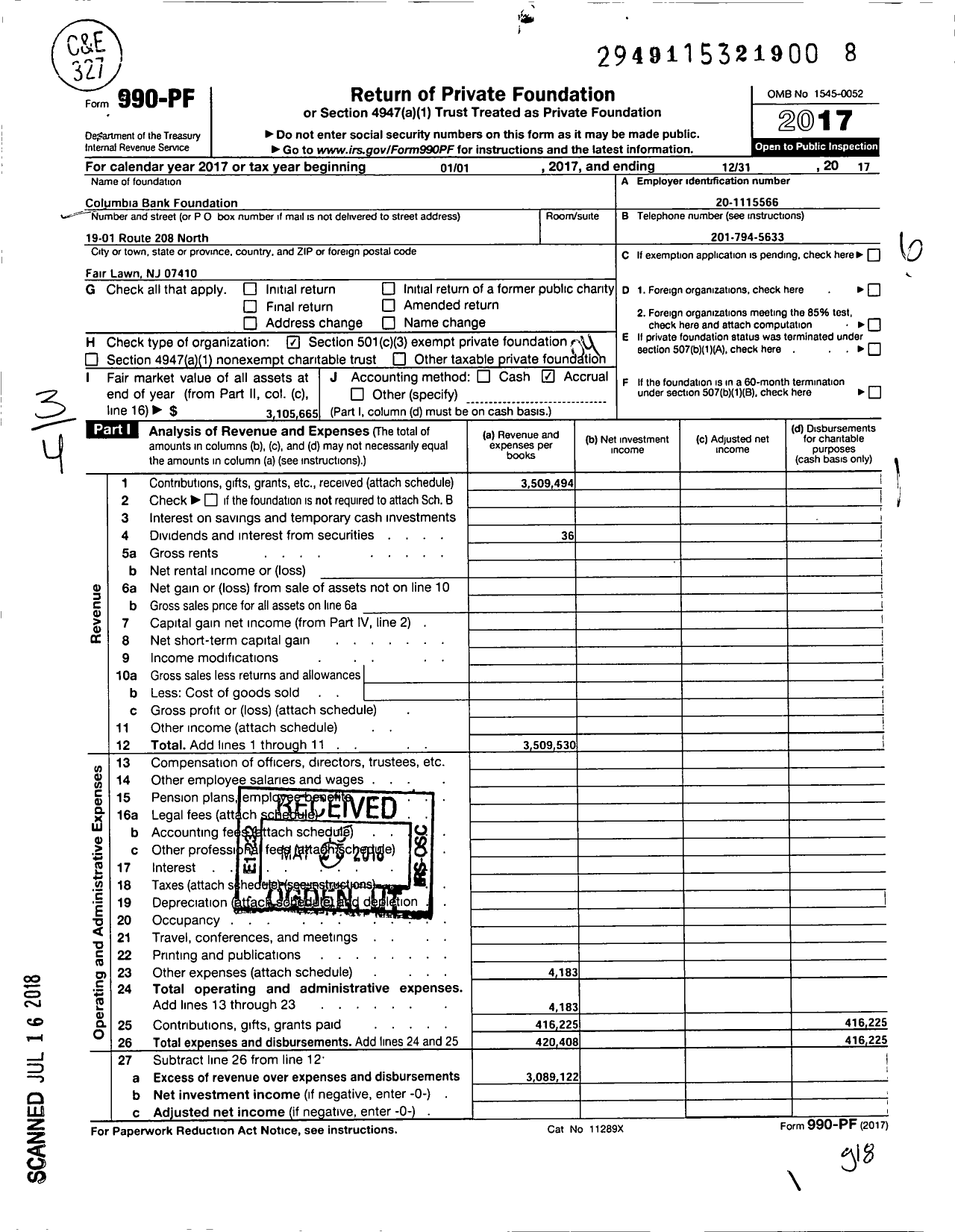Image of first page of 2017 Form 990PF for Columbia Bank Foundation