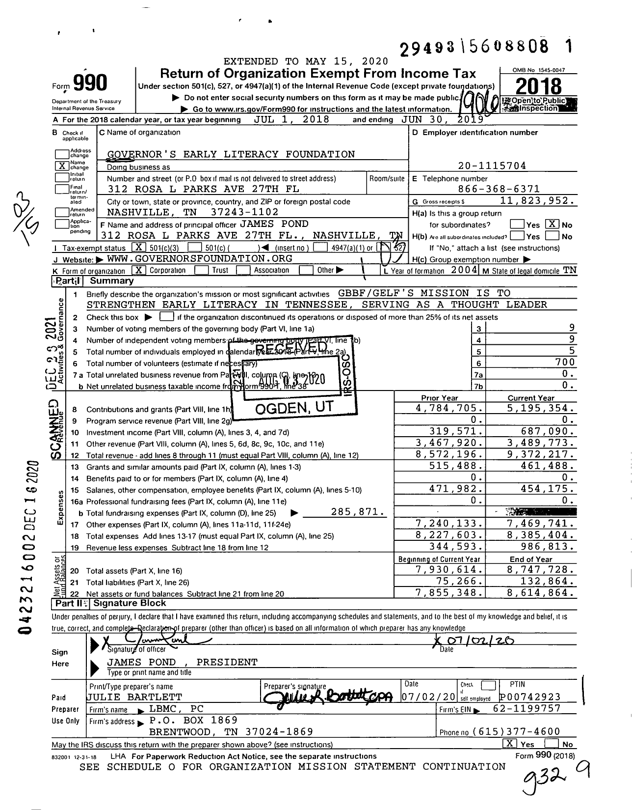 Image of first page of 2018 Form 990 for Governor's Early Literacy Foundation