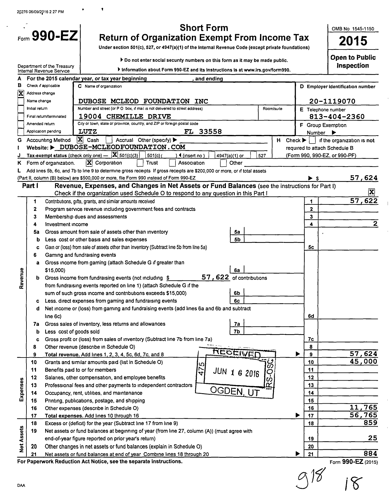 Image of first page of 2015 Form 990EZ for Dubose Mcleod Foundation