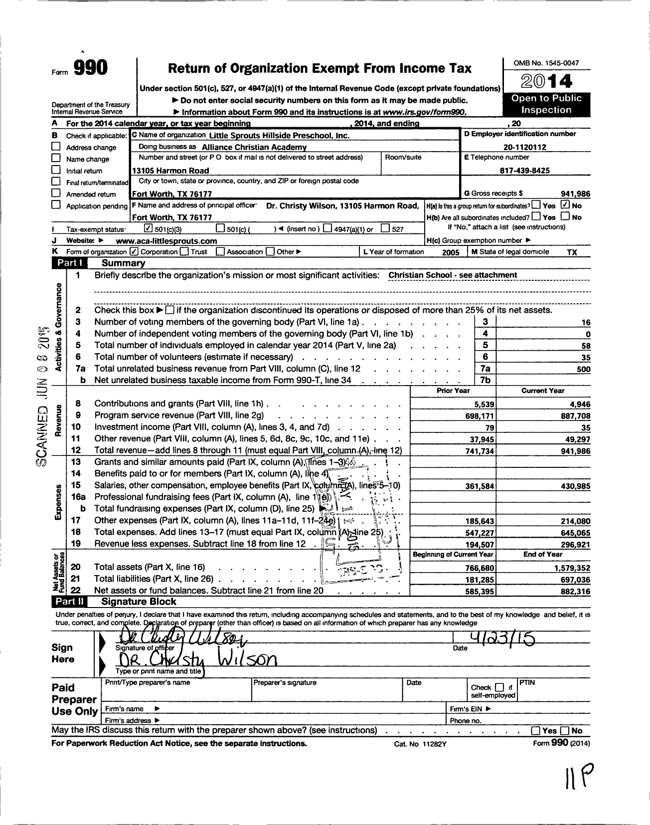 Image of first page of 2014 Form 990 for Alliance Christian Academy Little Sprouts Preschool