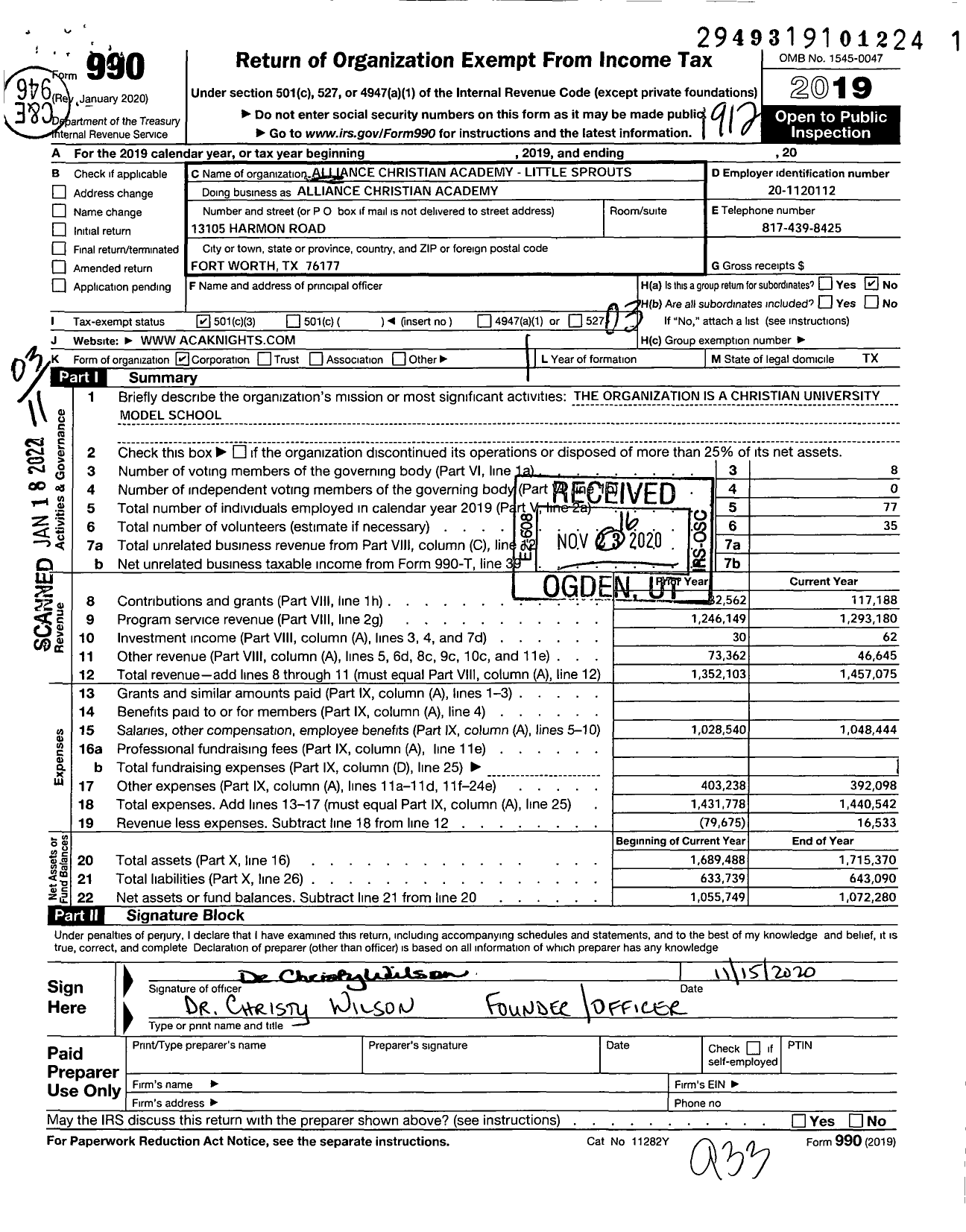 Image of first page of 2019 Form 990 for Alliance Christian Academy Little Sprouts Preschool