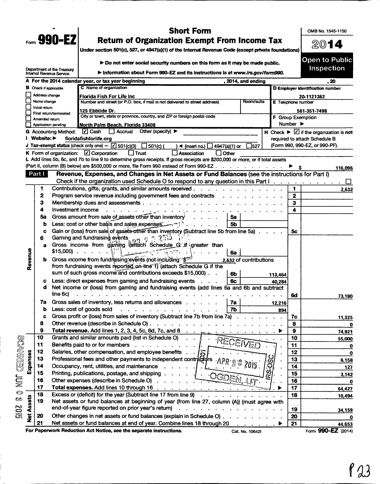 Image of first page of 2014 Form 990EZ for Florida Fish for Life