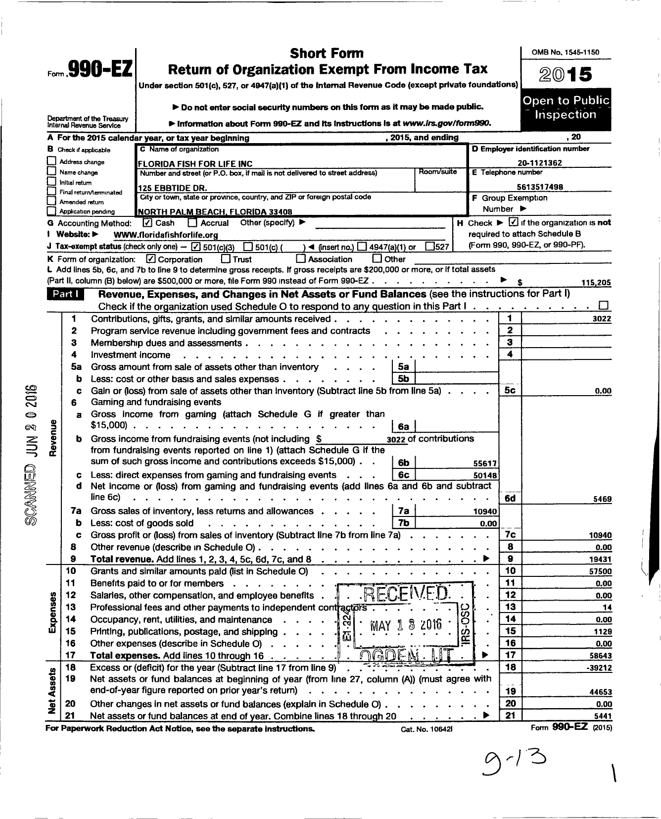 Image of first page of 2015 Form 990EZ for Florida Fish for Life