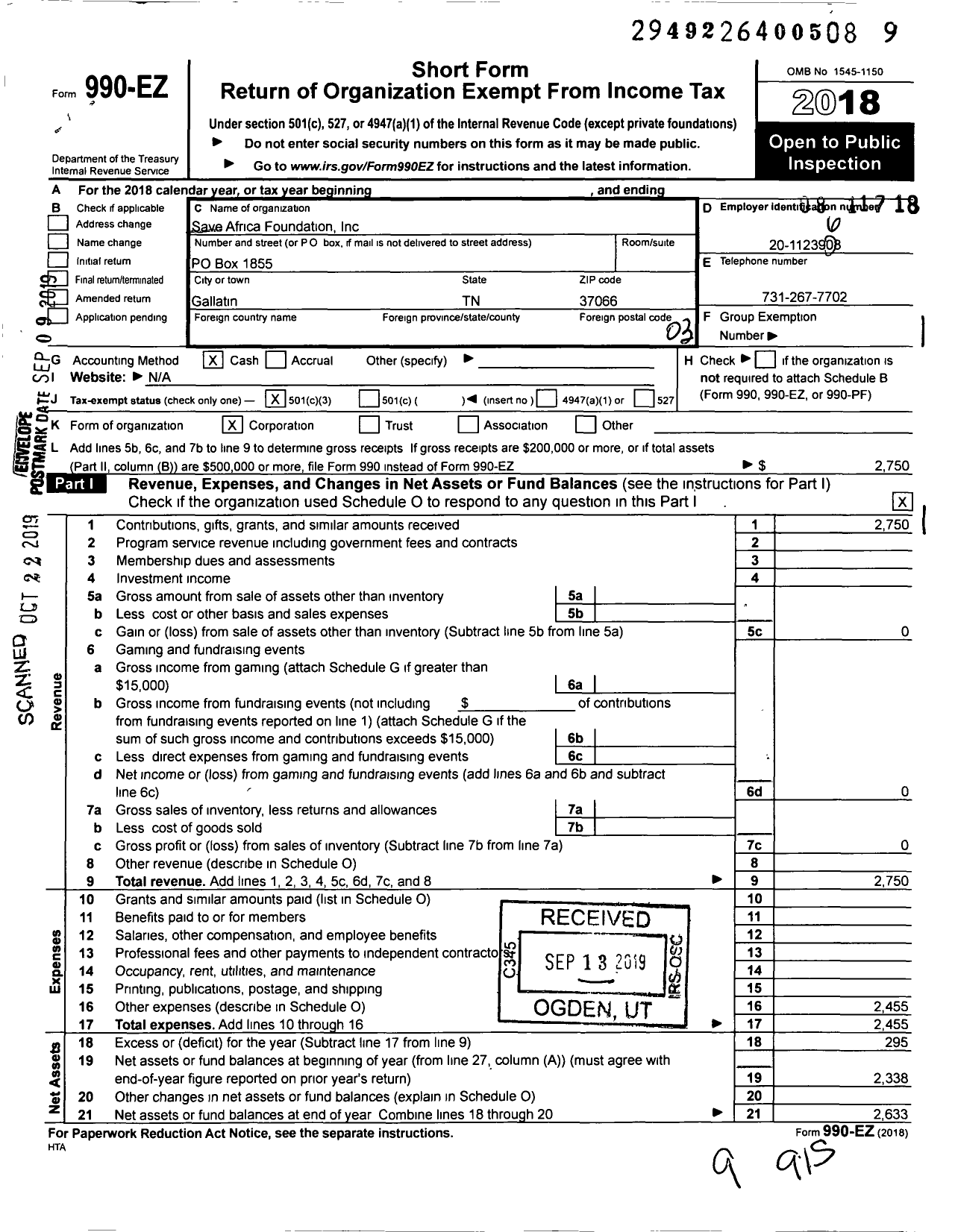 Image of first page of 2018 Form 990EZ for Save Africa Foundation