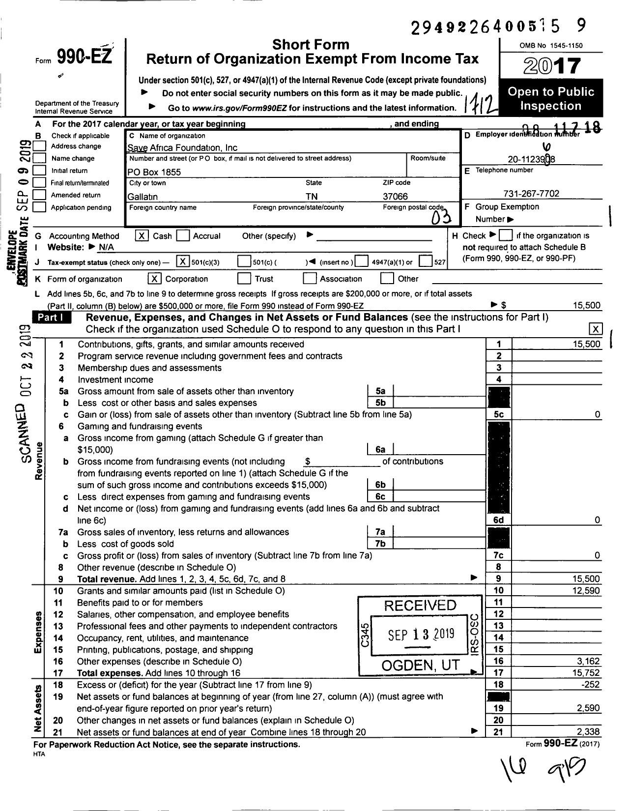 Image of first page of 2017 Form 990EZ for Save Africa Foundation