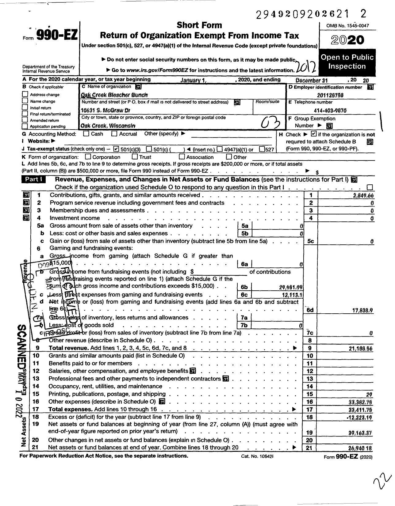 Image of first page of 2020 Form 990EZ for Oak Creek Bleacher Bunch