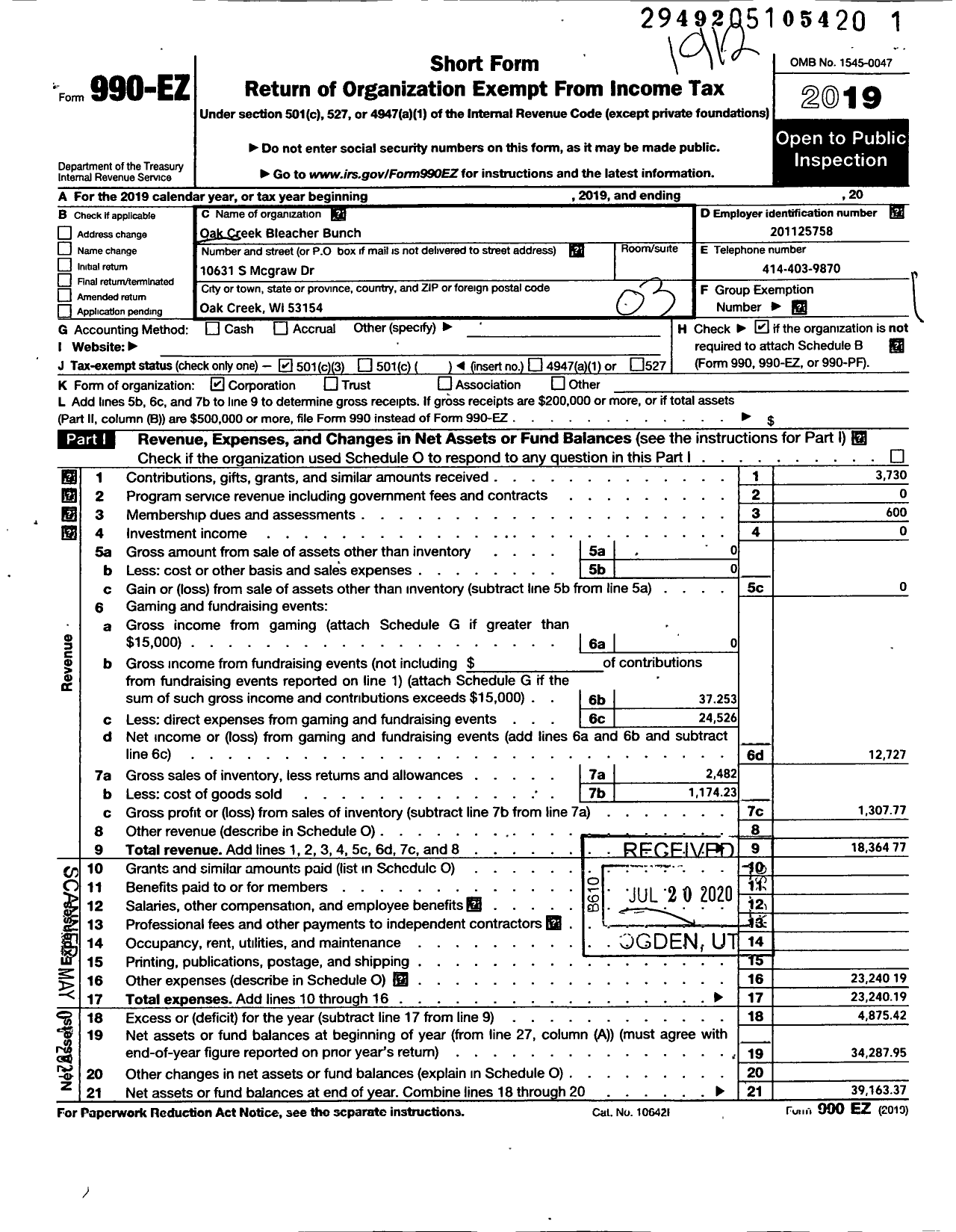 Image of first page of 2019 Form 990EZ for Oak Creek Bleacher Bunch