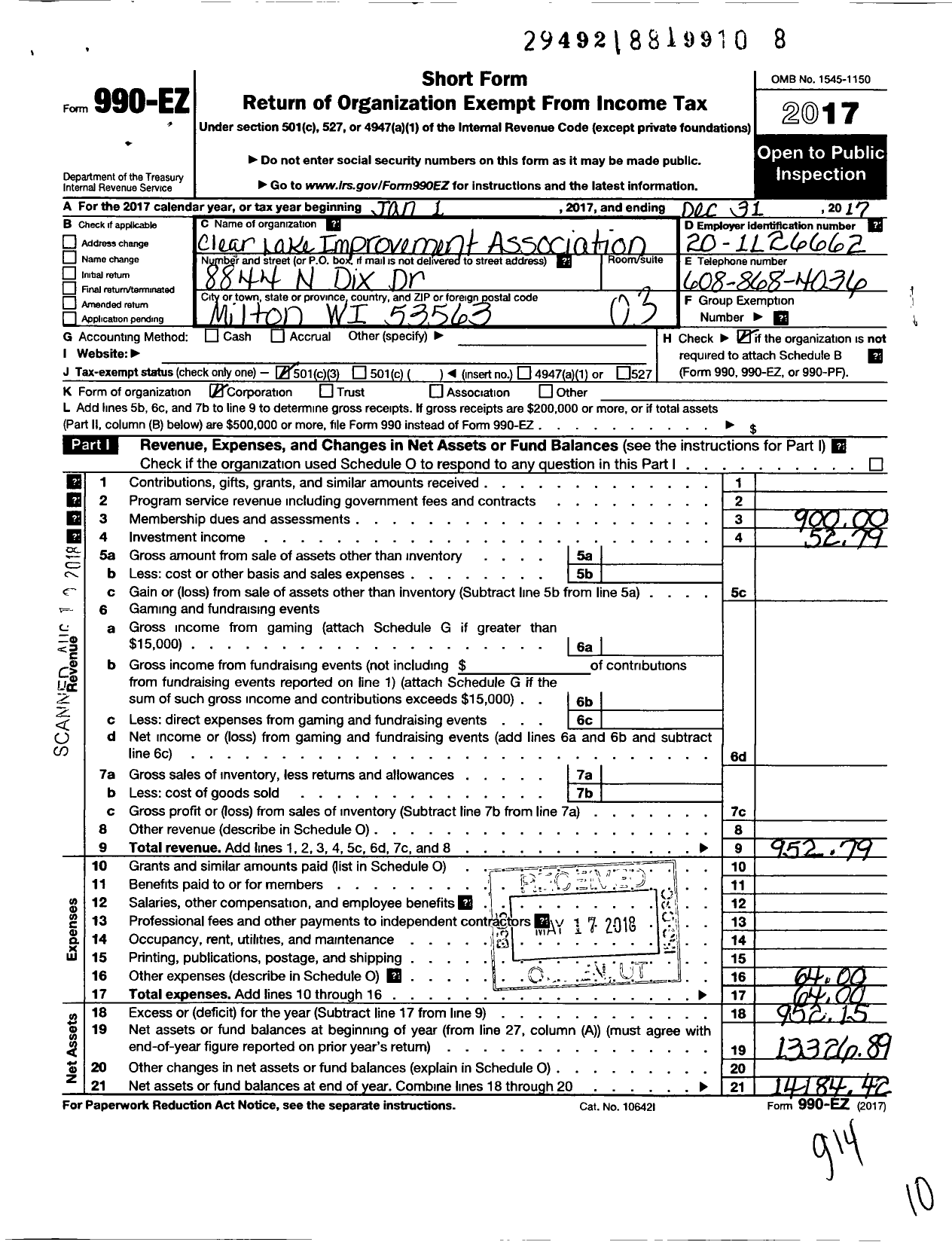 Image of first page of 2017 Form 990EZ for Clear Lake Improvement Association