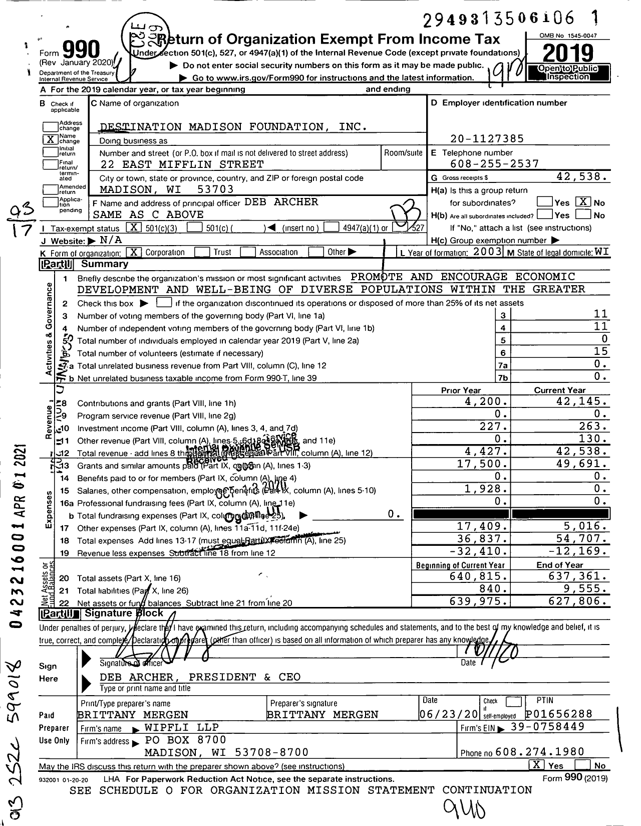 Image of first page of 2019 Form 990 for Destination Madison Foundation