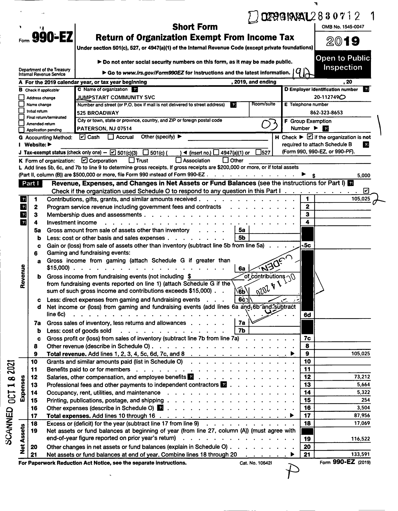 Image of first page of 2019 Form 990EZ for Jumpstart Community Service