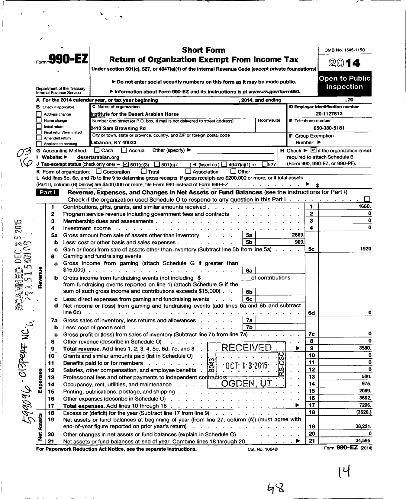 Image of first page of 2014 Form 990EZ for The Institute for the Desert Arabian Horse