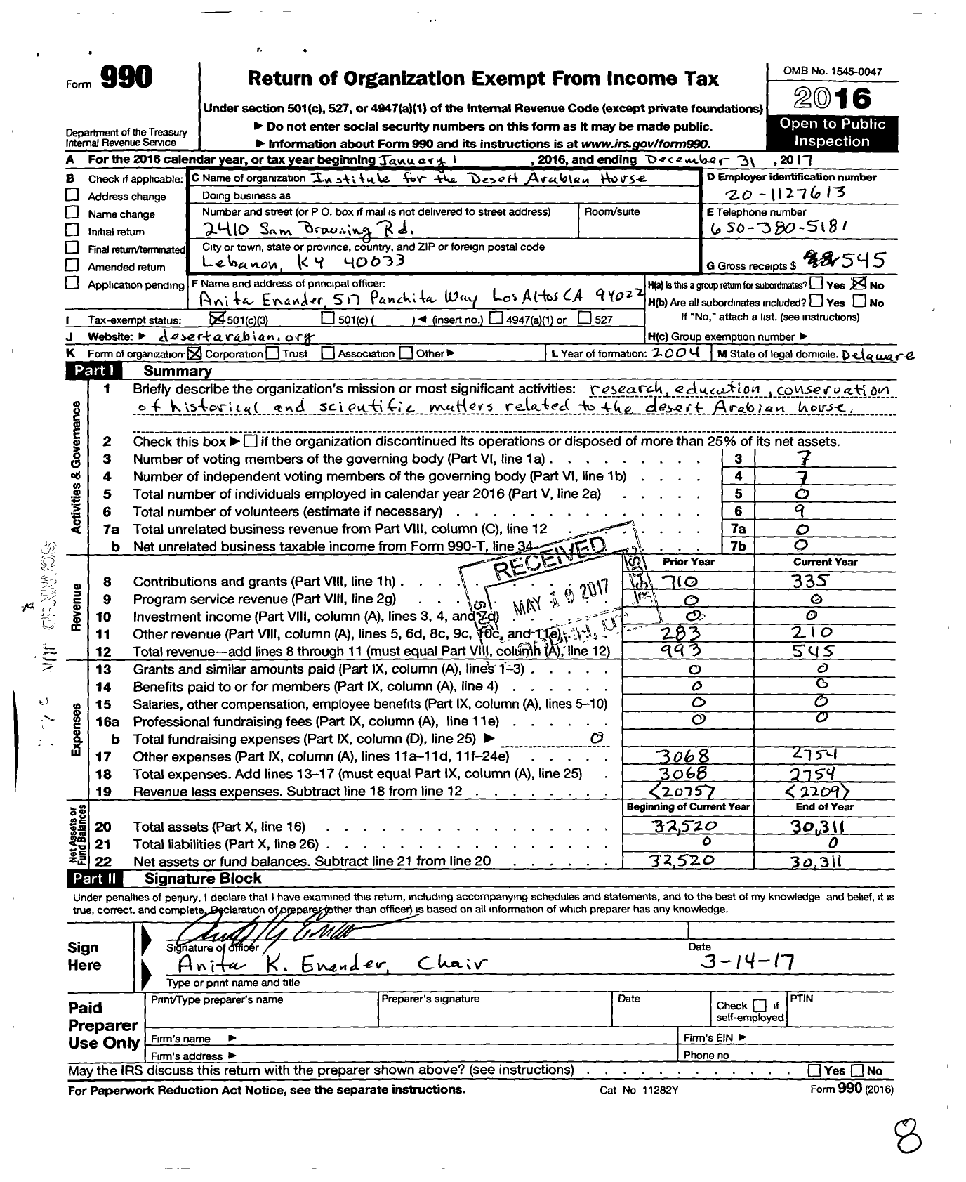 Image of first page of 2017 Form 990 for The Institute for the Desert Arabian Horse