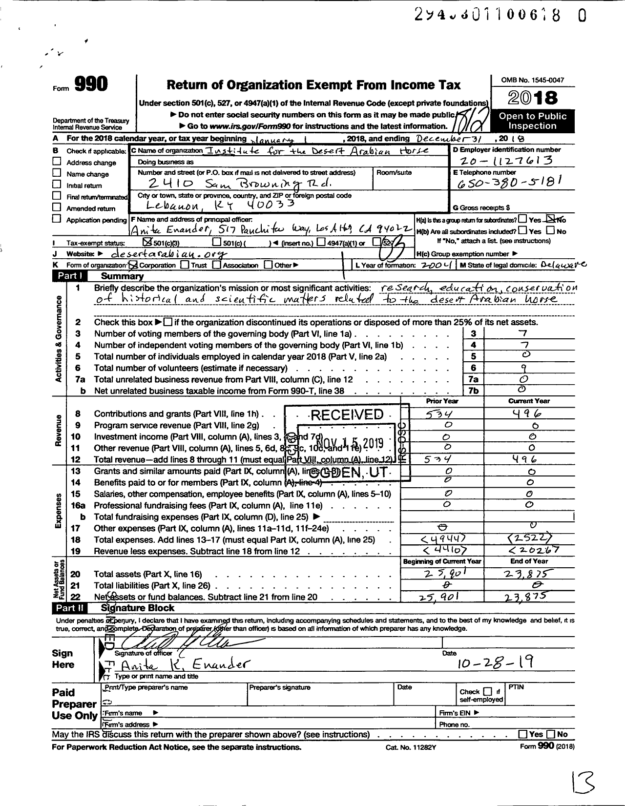 Image of first page of 2018 Form 990 for The Institute for the Desert Arabian Horse